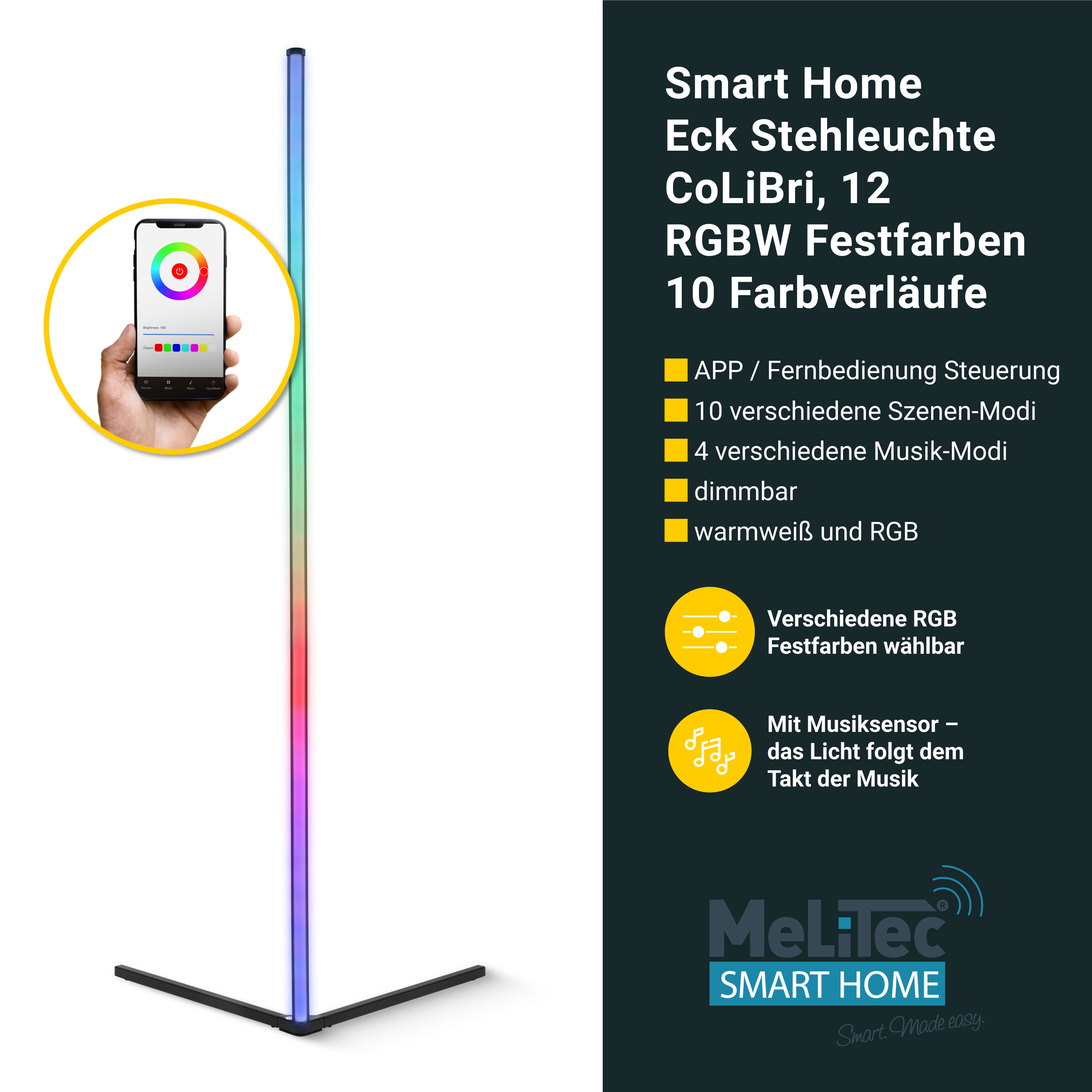 MeLitec Smart Home Eck Stehleuchte CoLiBri, 12 RGBW Festfarben 10 Farbverläufe