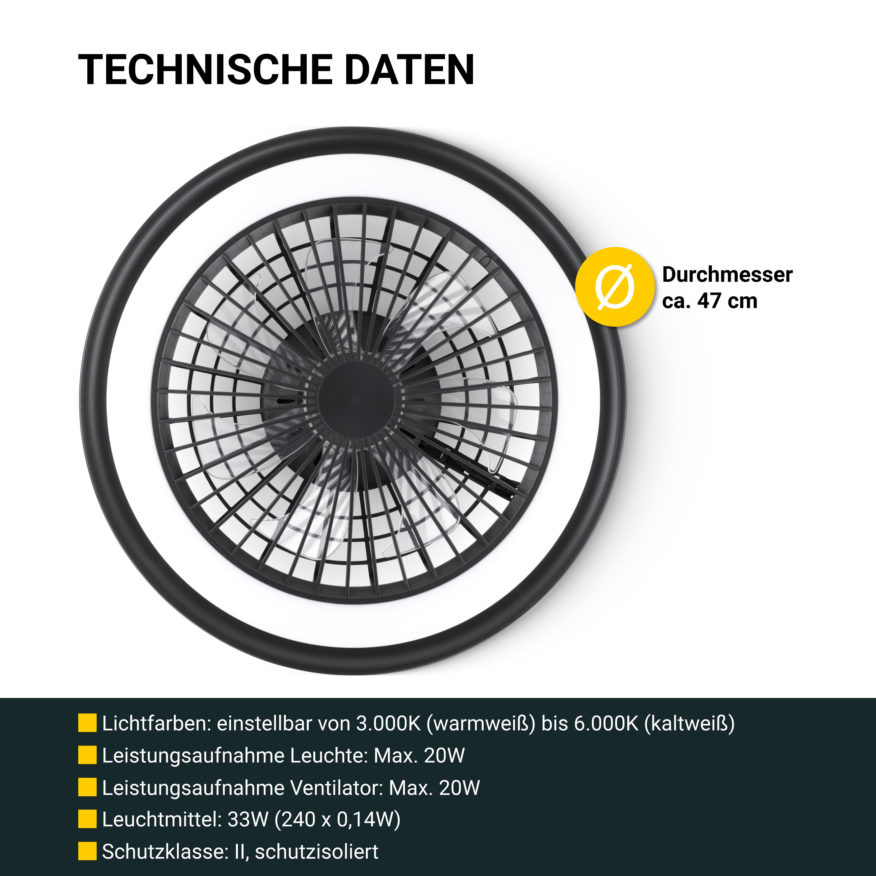 MeLiTec Deckenleuchte mit Ventilator DV06 RGB-Lauflicht, natürlicher Wind, schwarz