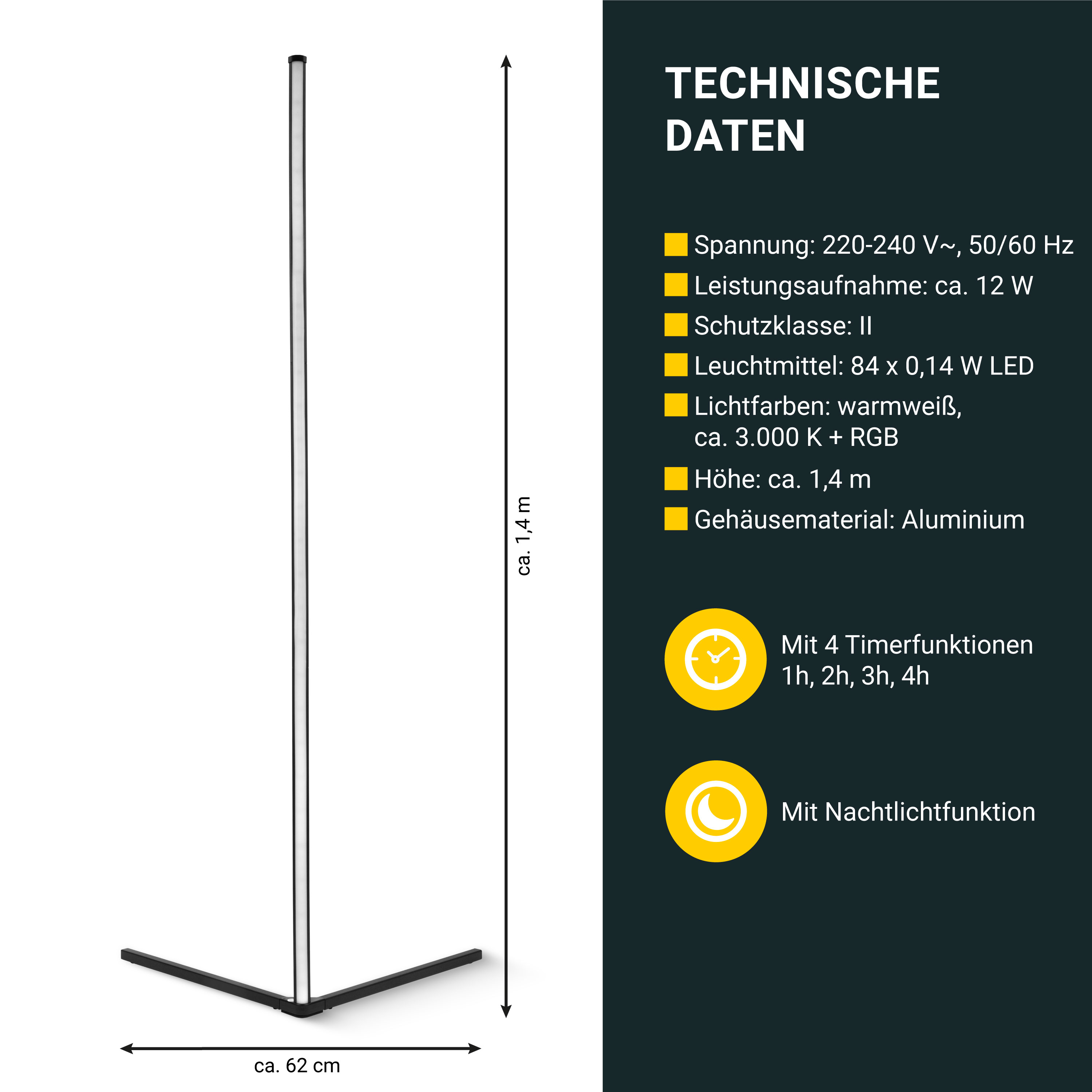 MeLitec Smart Home Eck Stehleuchte CoLiBri, 12 RGBW Festfarben 10 Farbverläufe