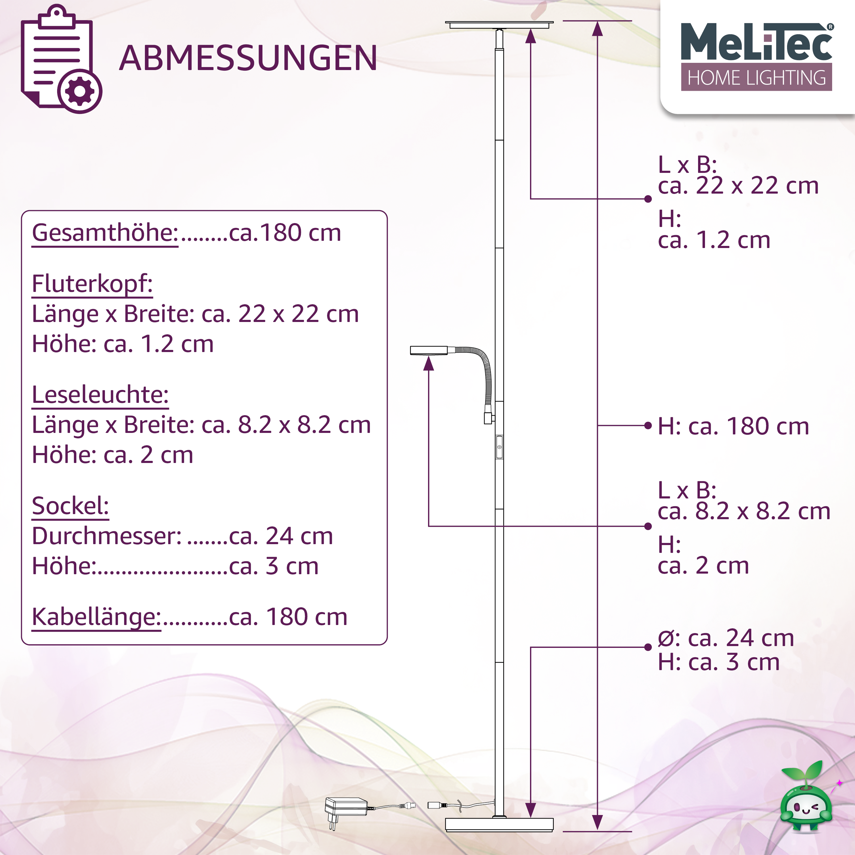 Deckenfluter mit Leseleuchte, Titan, Eckig, ST59, MeLiTec Deckenfluter mit Leseleuchte, Titan, Eckig, ST59, MeLiTec