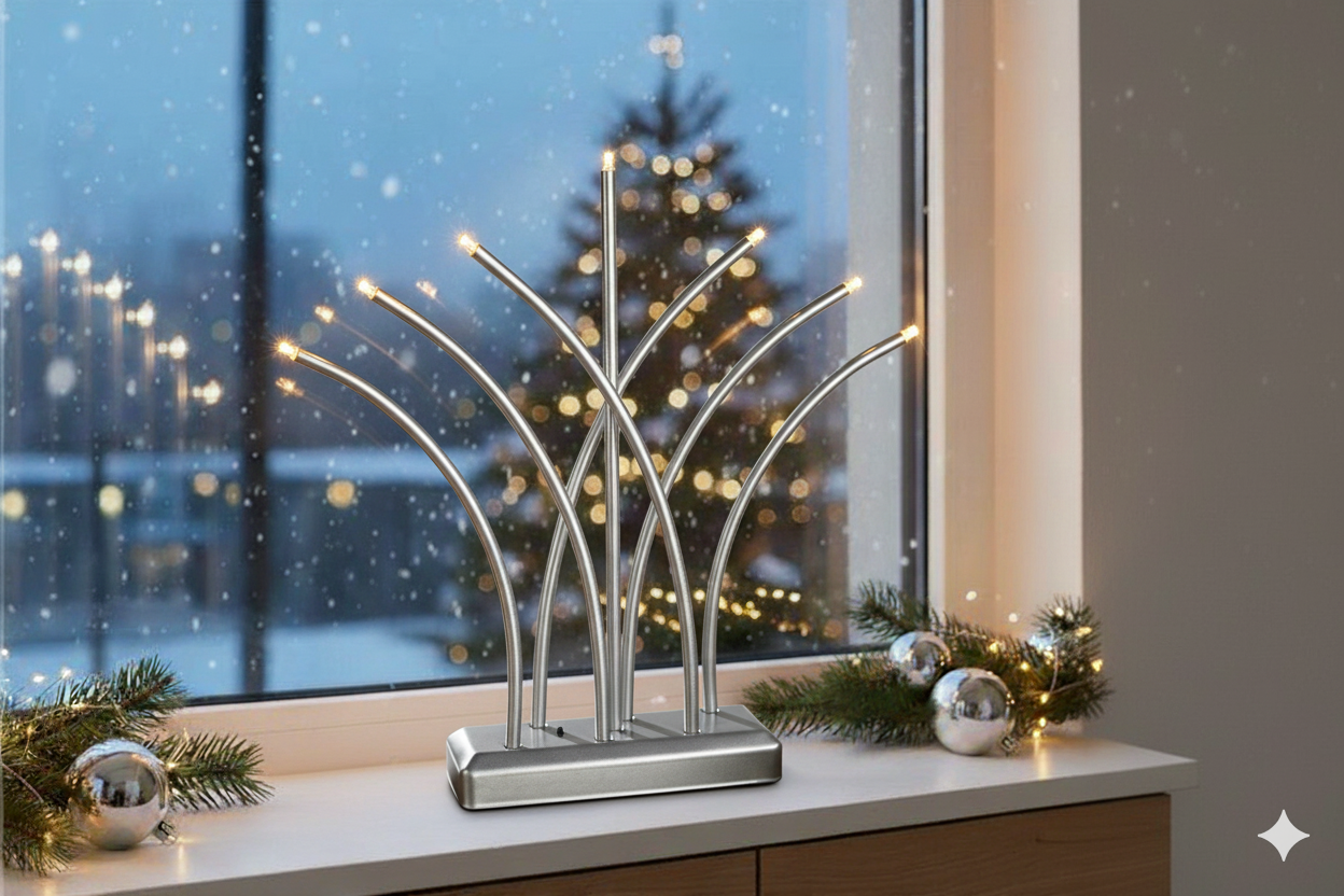 MeLiTec LED USB-C Stimmungslicht Weihnachten, SL62, Fächer, Chrom matt, warmweiß (3000K), dimmbar (3 Stufen), 5h-Timer, kabellos inkl. Akku, Innen – modernes Dekorationslicht, Lichtbogen, Fensterlicht Fenster, Fensterbank, Pflanze,