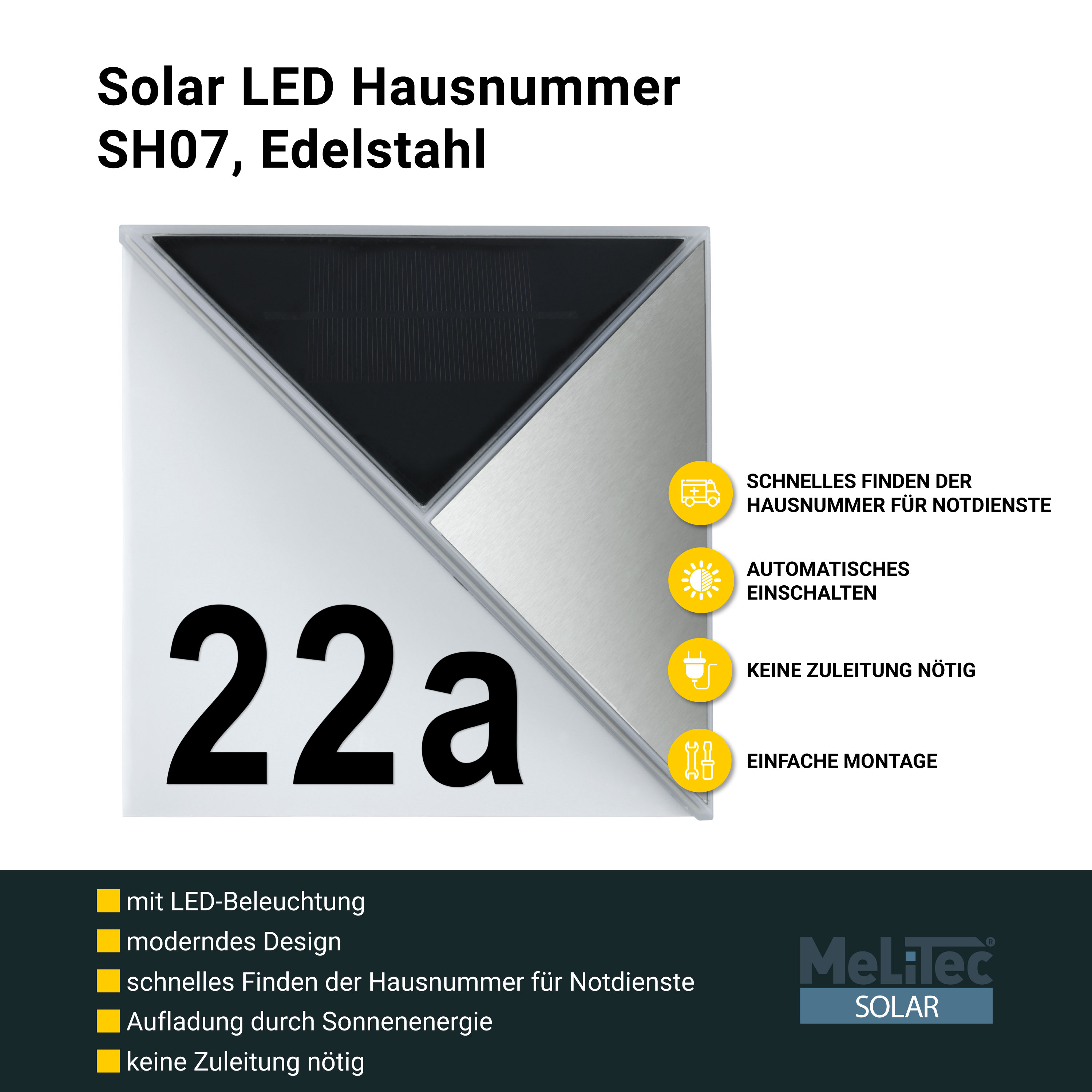 MeLiTec Solar LED Hausnummer SH07, Edelstahl