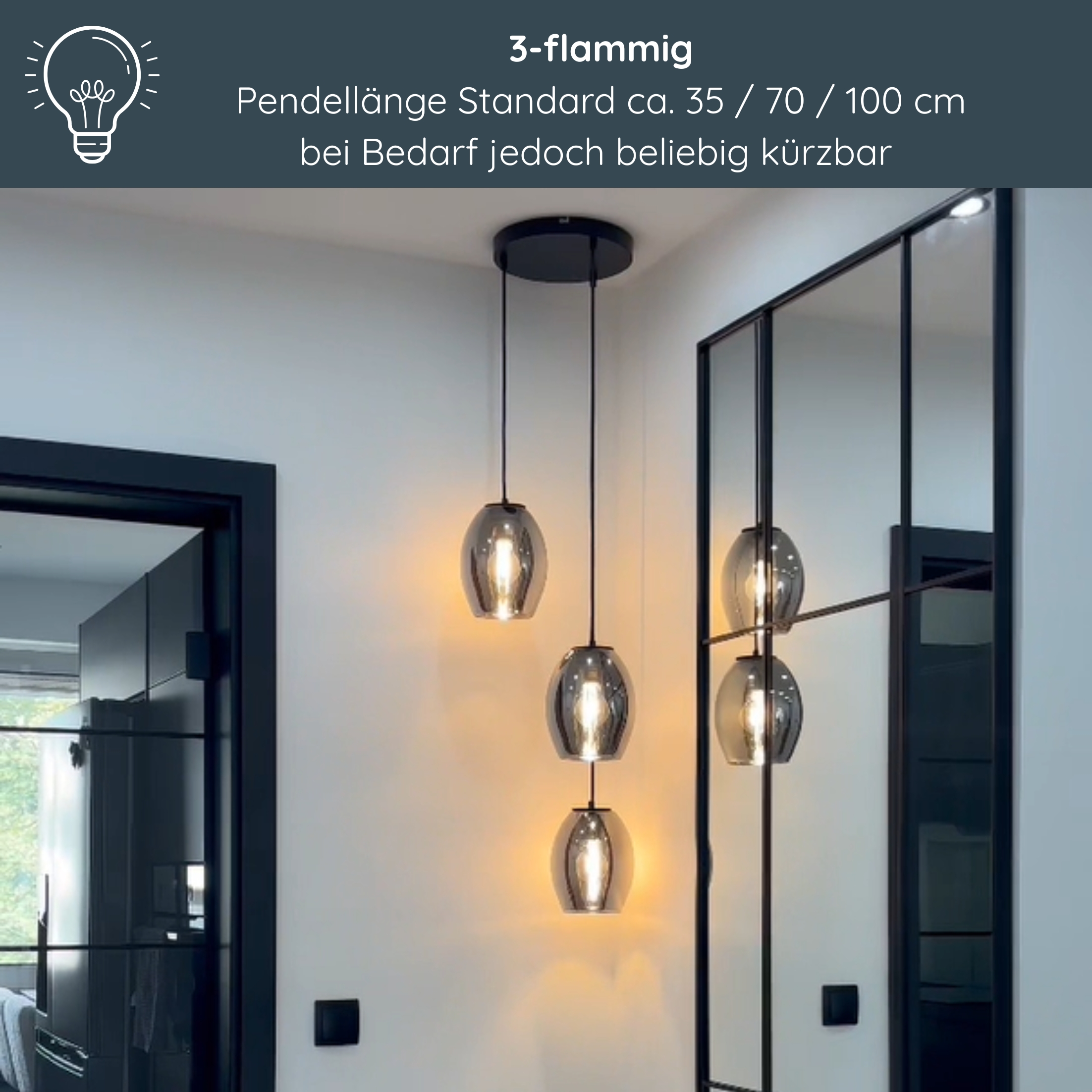 MeLiTec Pendelleuchte DP29, Hängeleuchte elegantes Rauchglas, moderne Pendellampe 3-flammig, Hängelampe rund, Deckenlampe Wohnzimmer Esszimmer Küche Leuchte, Deckenleuchte, Drinnen, Innenarchitektur, Kronleuchter,