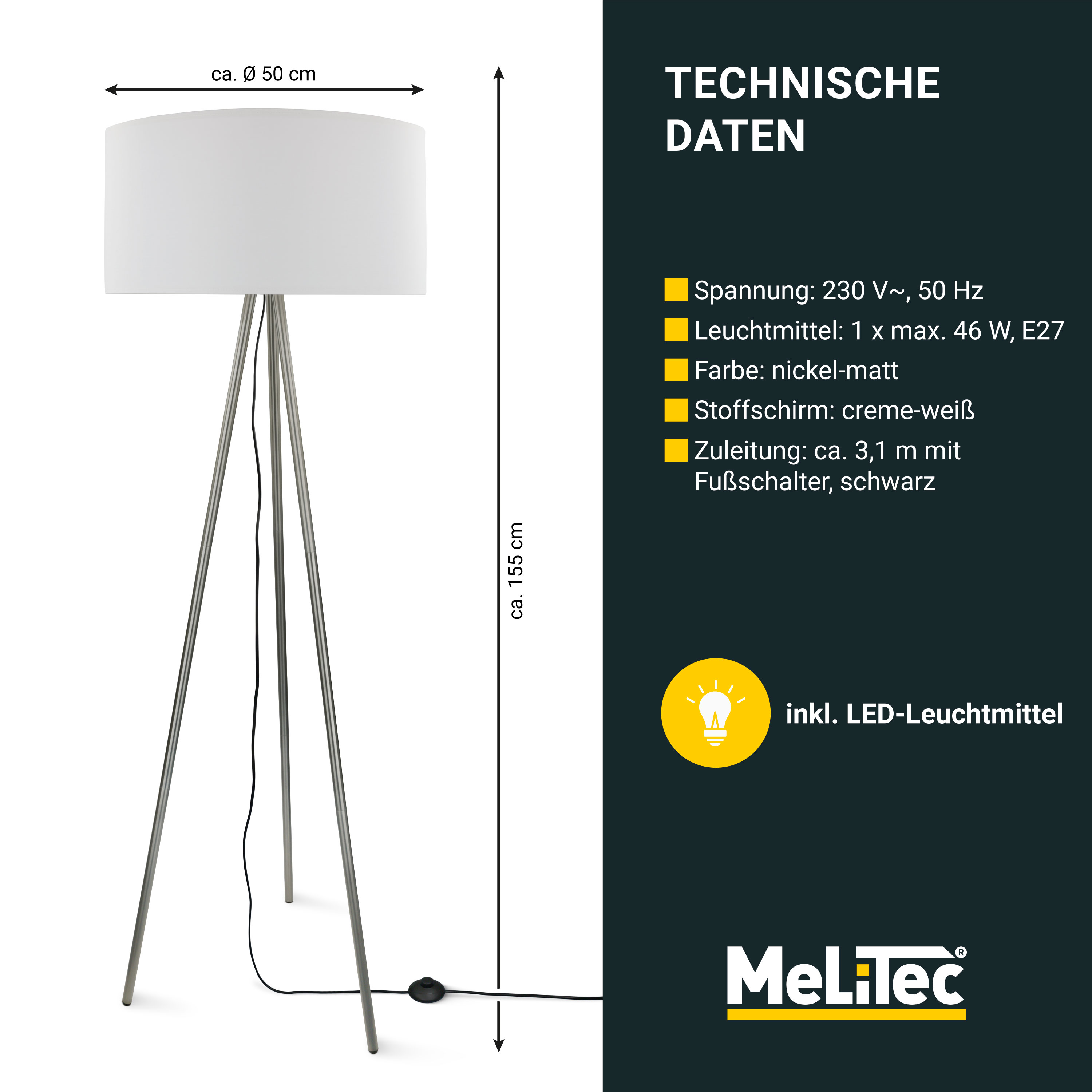 Tripod Stehleuchte skandinavisch ST51, Metall, Schirm weiß