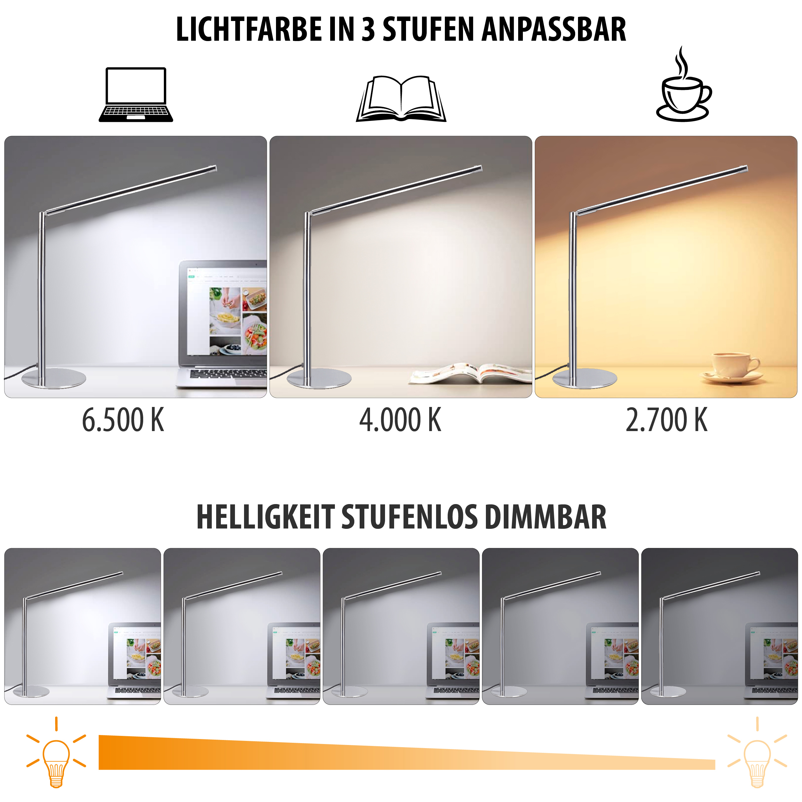 LED-Schreibtischlampe - nickel-matt, dimmbar, 3 Lichtfarben, Memory-Funktion, T186 Elektronik, Bildschirm, Beleuchtung, Hardware, Überwachen, Elektronik, Bildschirm, Beleuchtung, Hardware, Überwachen,