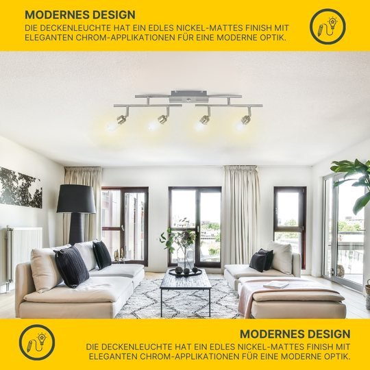 LED Deckenleuchte D122 | 4x LED Spots schwenkbar | nickel-matt | Glas weiß | warmweiß 3000K | MeLiTec LED Deckenleuchte D122 | 4x LED Spots schwenkbar | nickel-matt | Glas weiß | warmweiß 3000K | MeLiTec