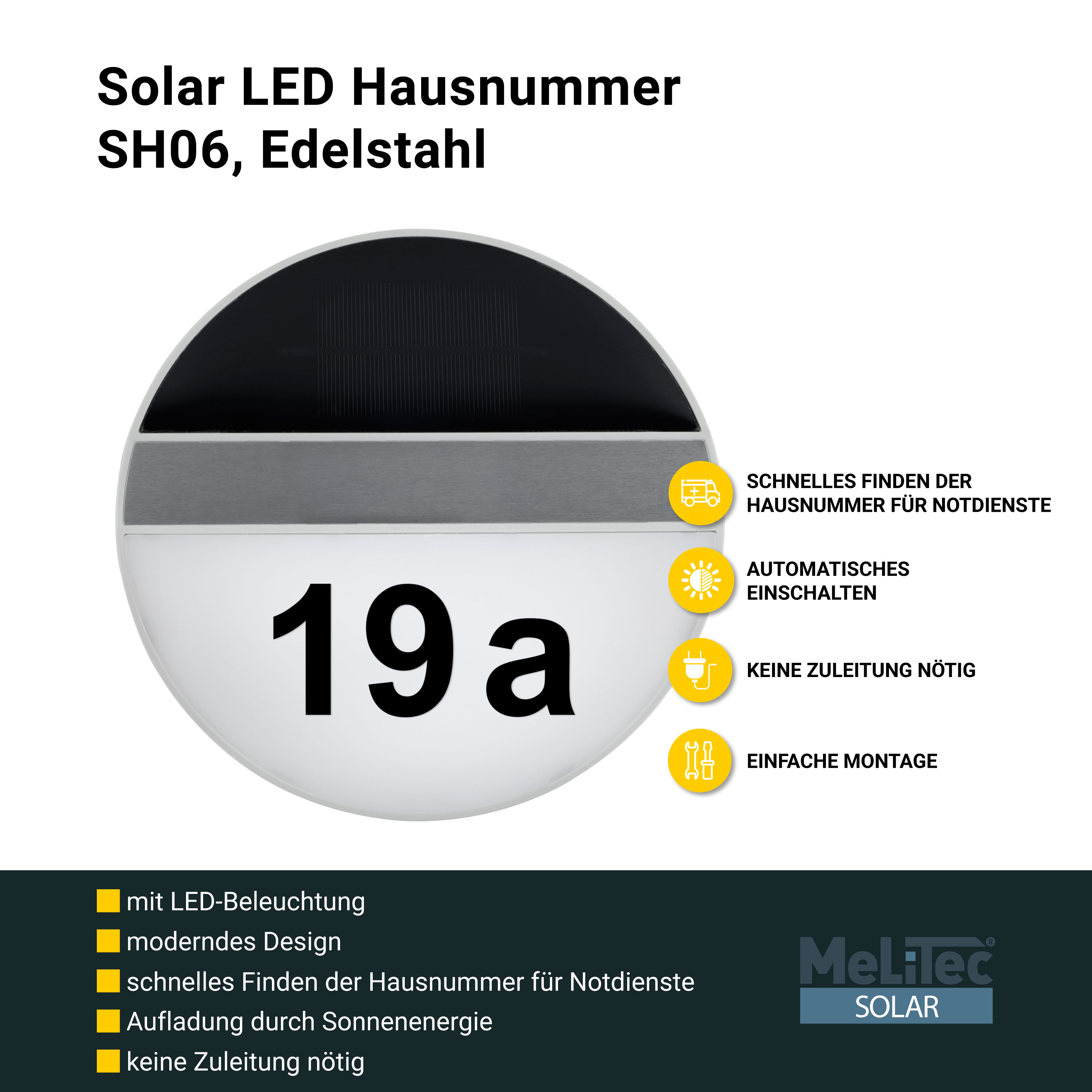 MeLiTec Solar LED Hausnummer SH06, Edelstahl Werbung, Plakat, Postfach,