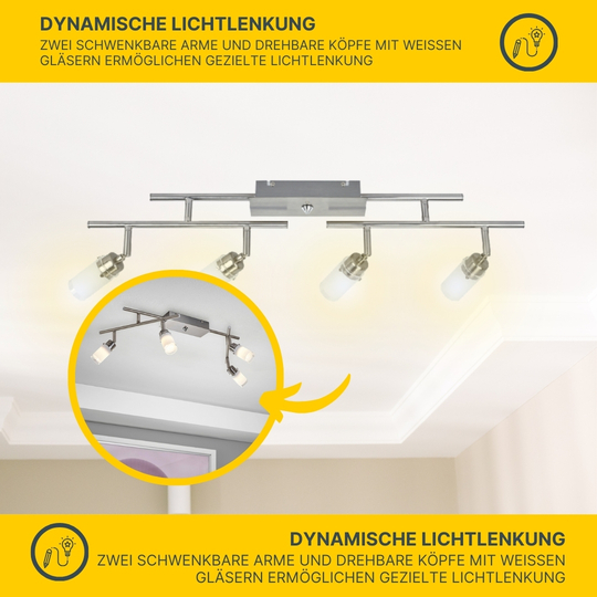 LED Deckenleuchte D122 | 4x LED Spots schwenkbar | nickel-matt | Glas weiß | warmweiß 3000K | MeLiTec LED Deckenleuchte D122 | 4x LED Spots schwenkbar | nickel-matt | Glas weiß | warmweiß 3000K | MeLiTec