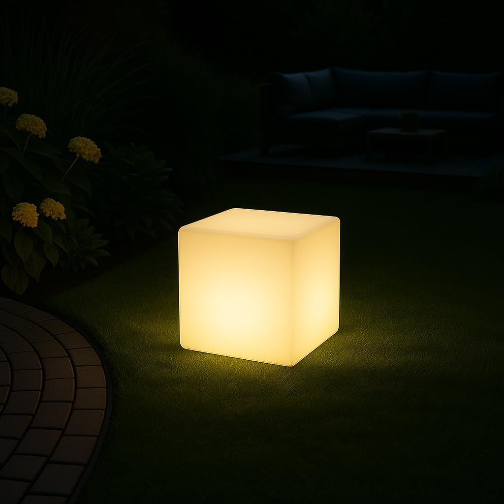 MeLiTec LED-Gartenleuchte LK04-STROM Modell Würfel, Outdoor-Lampe für Terrasse Garten Balkon, eckig, moderne Gartenlampe mit RGB-Beleuchtung und Farbwechsel, auch als beleuchteter Tisch Lampe,