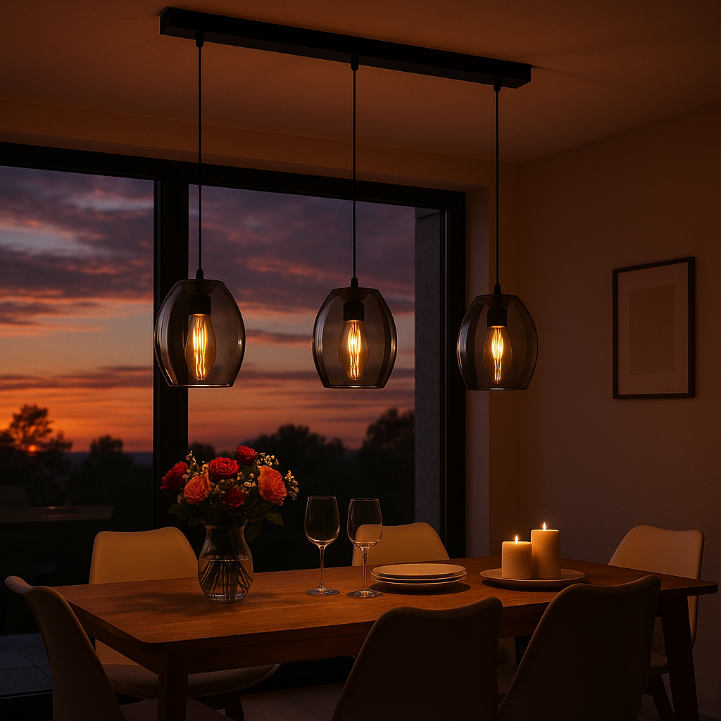 Pendelleuchte DP27 Glas 3flammig Rauchglas B-Ware Speisesaal, Esstisch, Tisch, Blumen-Arrangement, Beleuchtung,