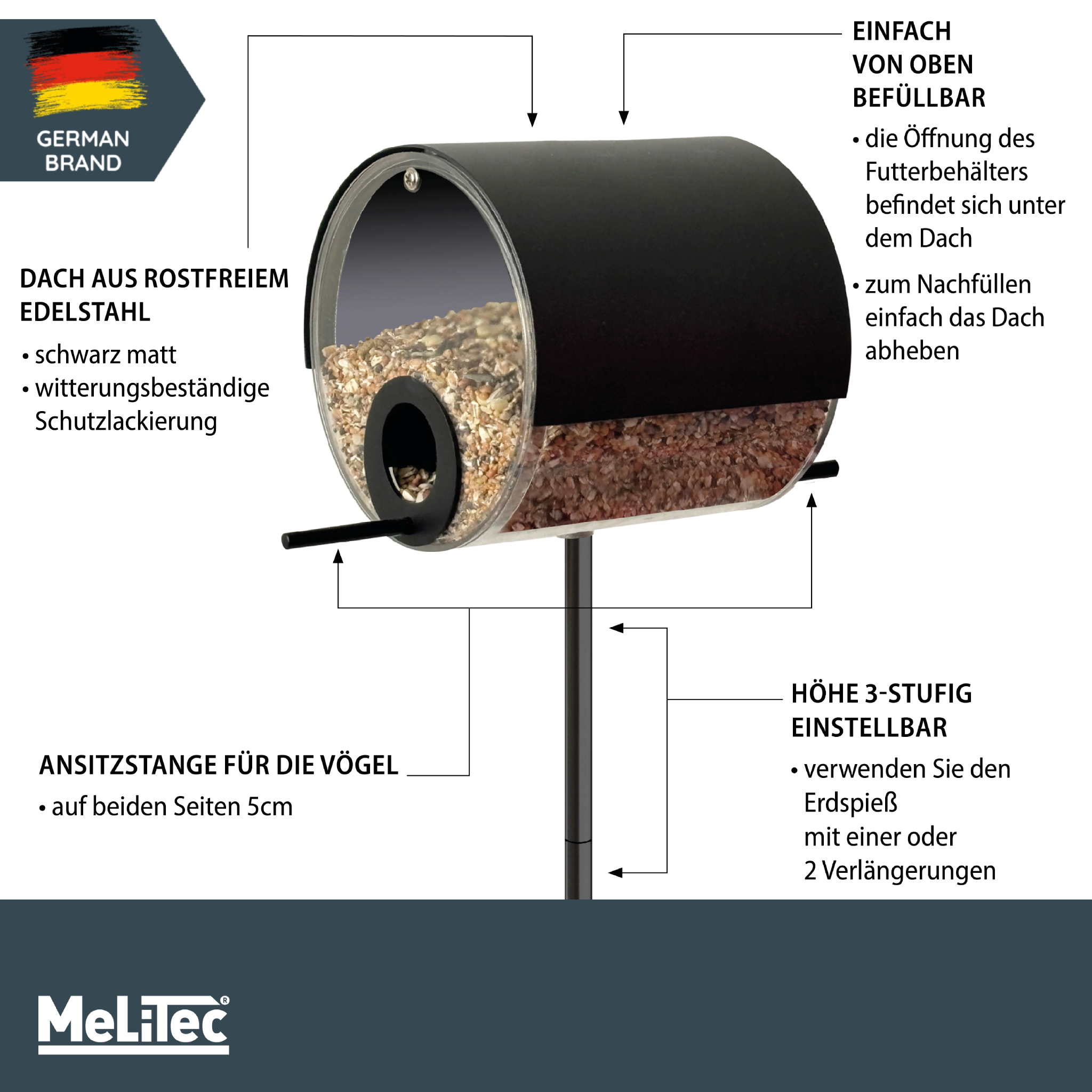 MeLiTec Vogelfutterstation mit Ständer, Vogelhaus VH10-1, Futterstation aus Edelstahl, stehend, 150 cm Höhe, rund Ø14 cm, schwarz matt MeLiTec Vogelfutterstation mit Ständer, Vogelhaus VH10-1, Futterstation aus Edelstahl, stehend, 150 cm Höhe, rund Ø14 cm, schwarz matt