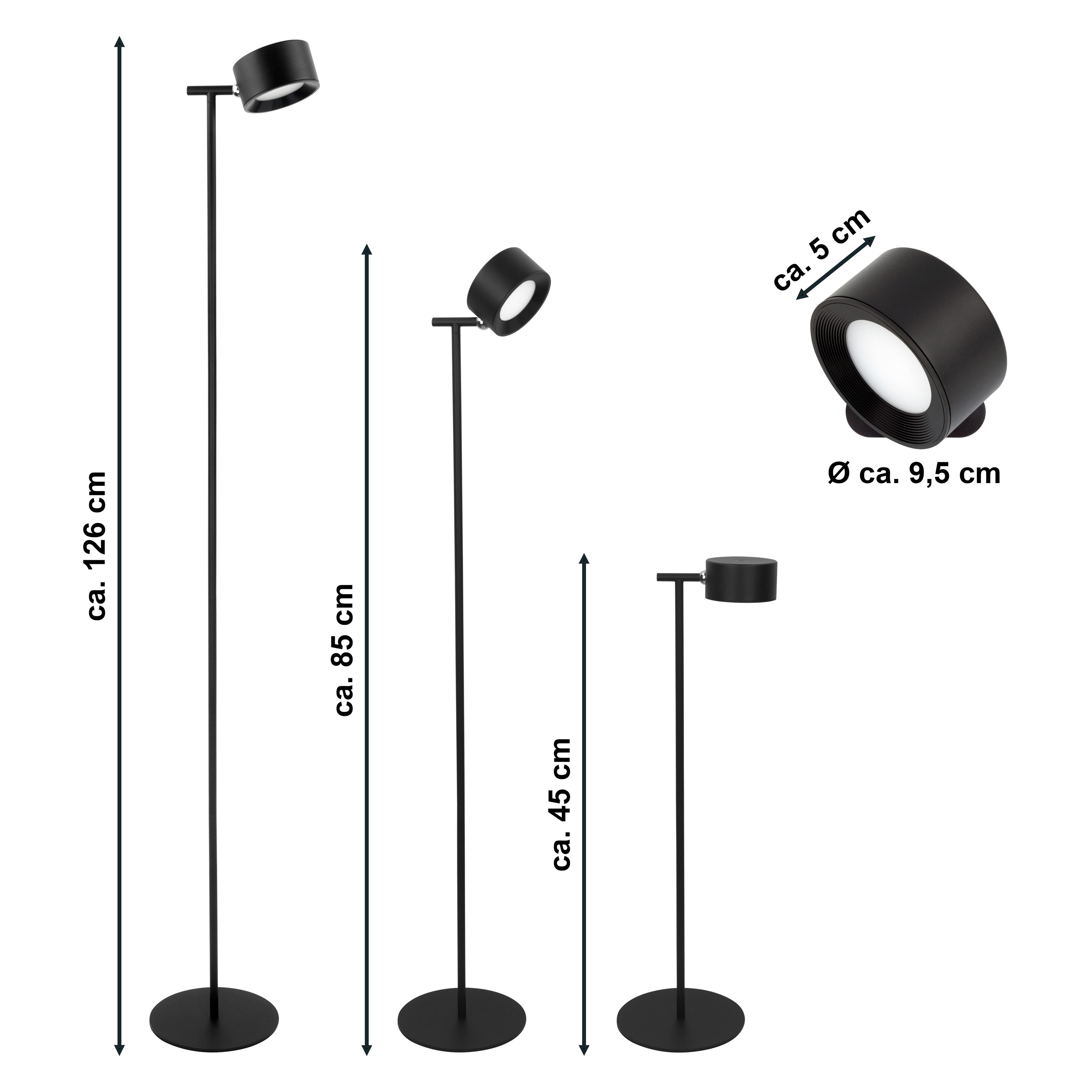 MeLiTec LED-Stehleuchte ST55 – Aufladbare Designerlampe in Schwarz, dimmbar mit Magnetkopf & Wandhalterung, warmweißes Licht 2.700K, Akkubetrieb bis 12h, USB-C"