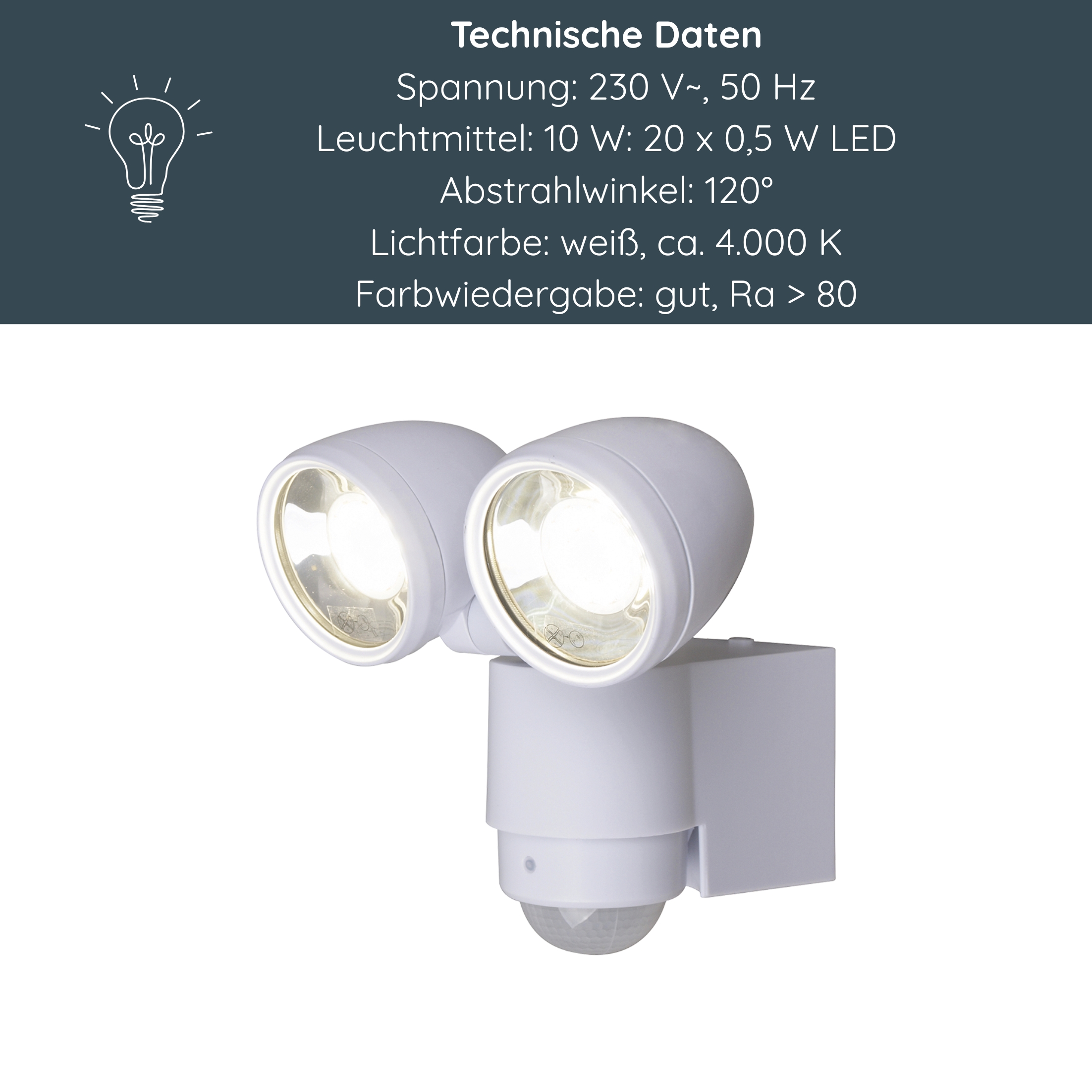 MeLiTec LED Außenstrahler mit Bewegungsmelder, Weiß, 2 LED Spots, 4000K neutralweiß, IP44, Außenwandlampe, Wandleuchte, Garten, Terrasse & Einfahrt, 127-1 Beleuchtung,