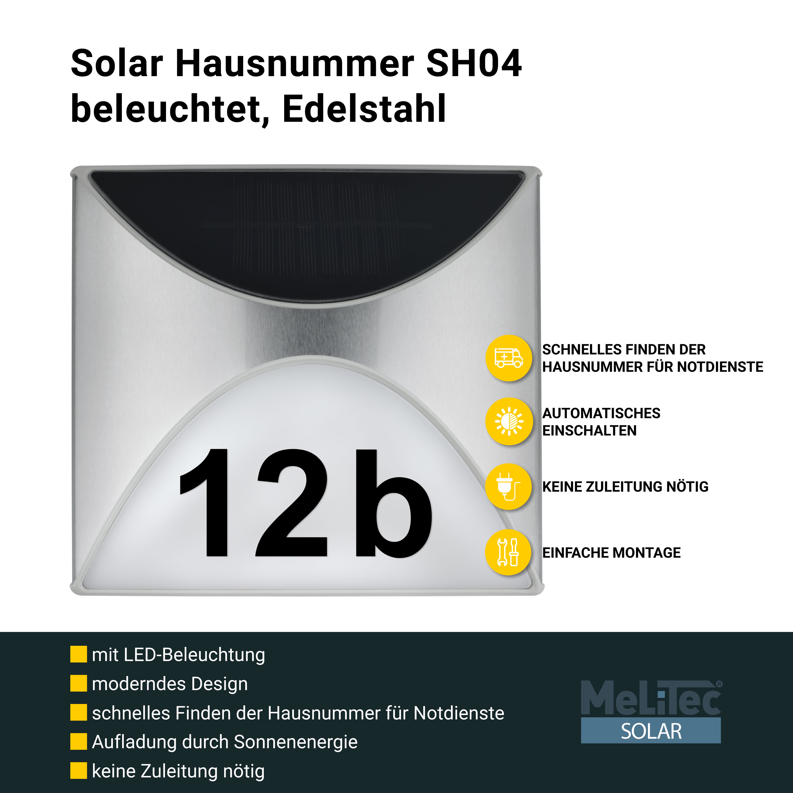 MeLiTec Solar Hausnummer SH04 beleuchtet, Edelstahl