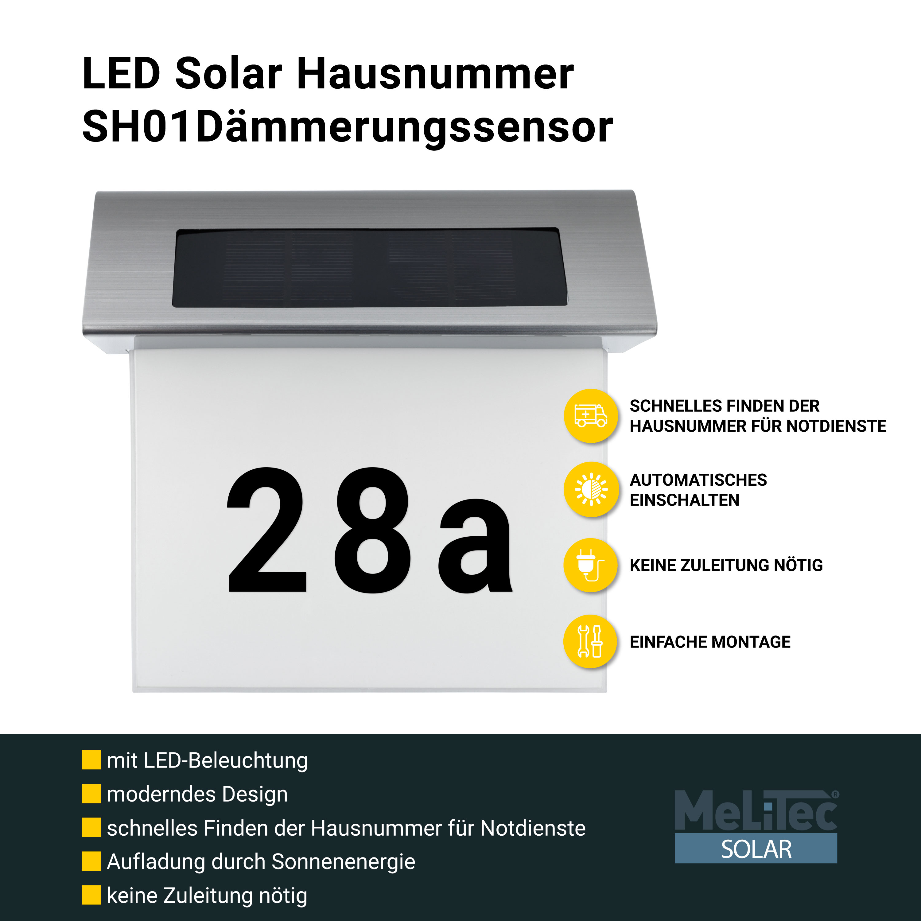 MeLiTec LED Solar Hausnummer SH01 Dämmerungssensor