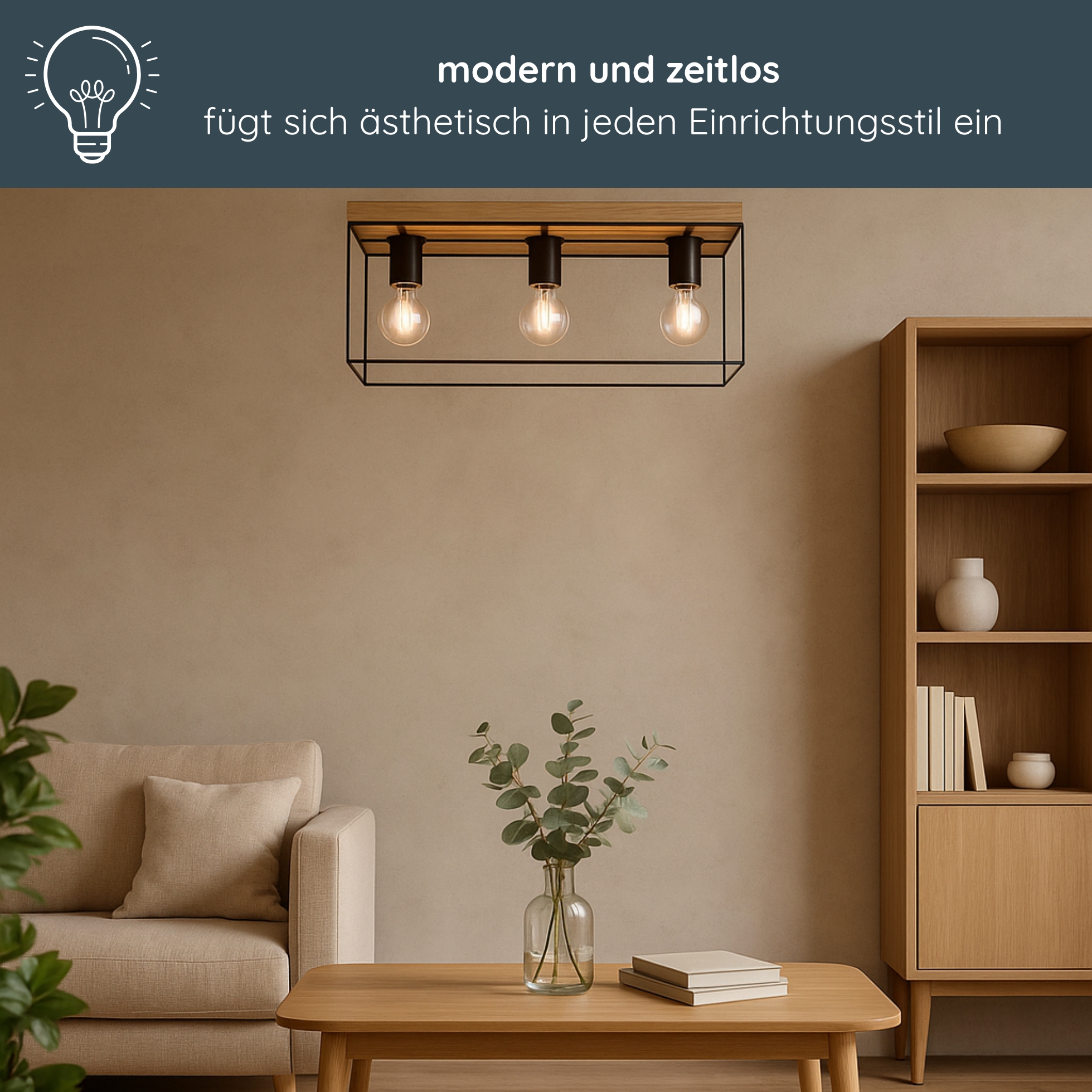 MeLiTec Deckenleuchte Gretter D130 Eiche geölt, schwarz, Deckenlampe im Industrial Design, Echtholz aus der EU Moebel, Wohnzimmer, Innenarchitektur, Pflanze, Lampe,