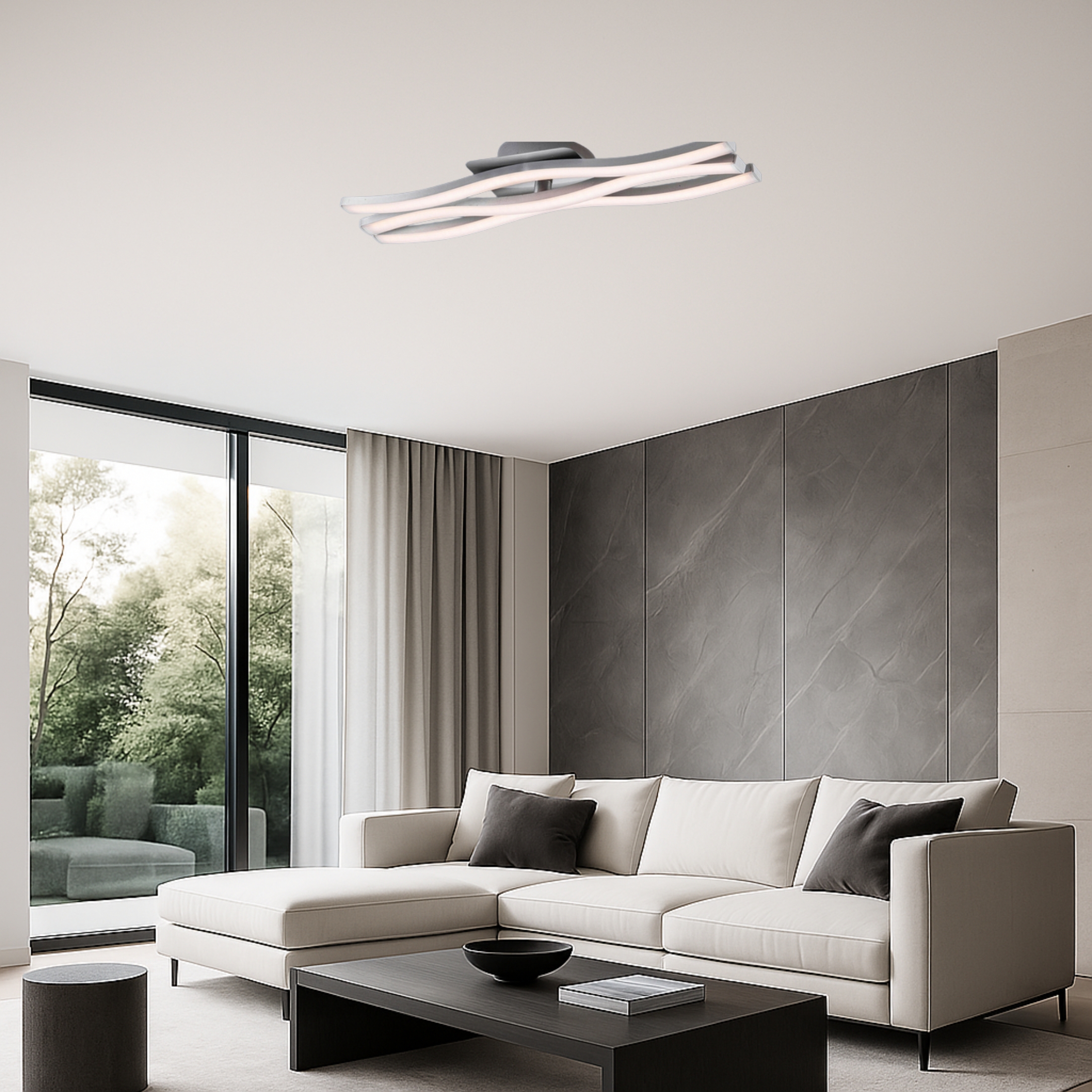 MeLiTec LED-Deckenleuchte D137, moderne Deckenlampe im Wellen-Design, 3-flammig, aus Metall, Nickel matt Wohnzimmer, Innenarchitektur, Couch, Kaffeetisch, Tabelle,