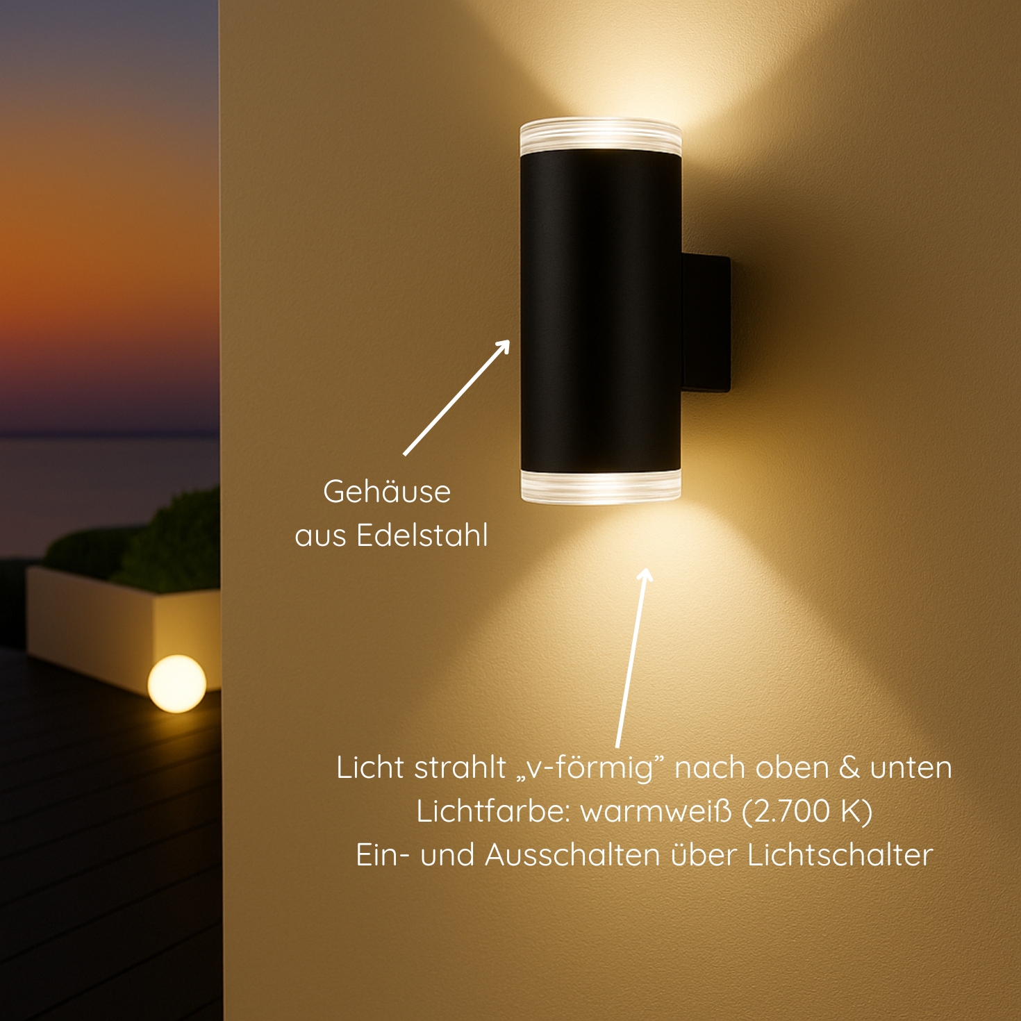 MeLiTec LED-Wandleuchte, Up- and Down-Light rund, schwarz matt, aus Edelstahl, Up and Down Leuchte für innen und außen, IP44, 145-1 Beleuchtung, Lampe, Beleuchtung, Lampe,