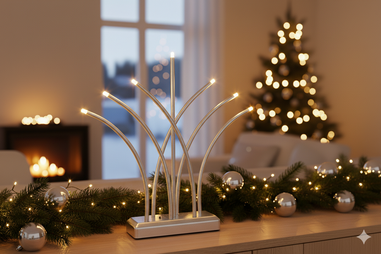 MeLiTec LED USB-C Stimmungslicht Weihnachten, SL62, Fächer, Chrom matt, warmweiß (3000K), dimmbar (3 Stufen), 5h-Timer, kabellos inkl. Akku, Innen – modernes Dekorationslicht, Lichtbogen, Fensterlicht Weihnachten, Weihnachtsdekorationen, Festival, Pflanze, Baum,