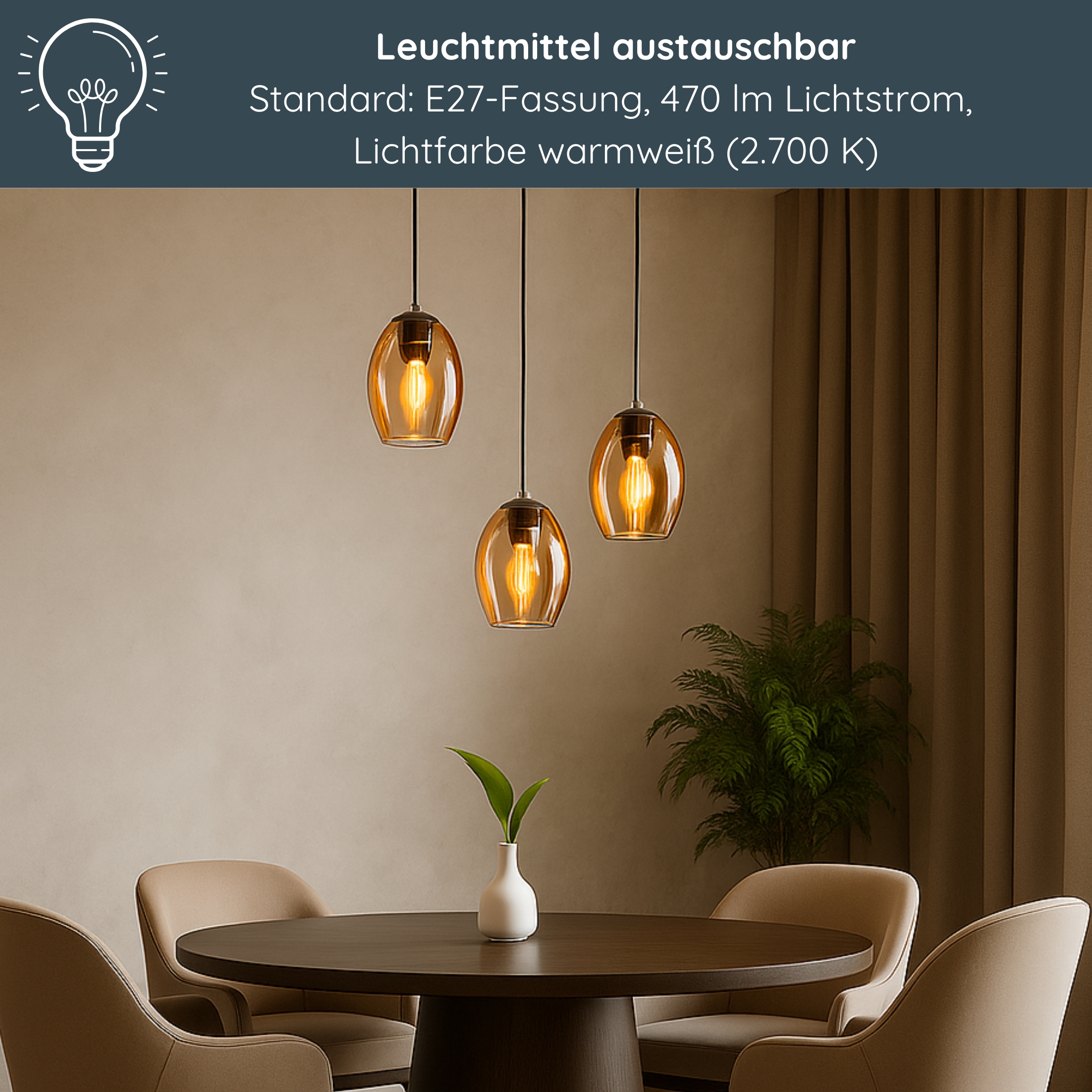 MeLiTec Pendelleuchte DP30, Hängeleuchte elegantes Amberglas, moderne Pendellampe 3-flammig, Hängelampe rund, Deckenlampe Wohnzimmer Esszimmer Küche Speisesaal, Esstisch, Tisch, Leuchte, Stuhl,