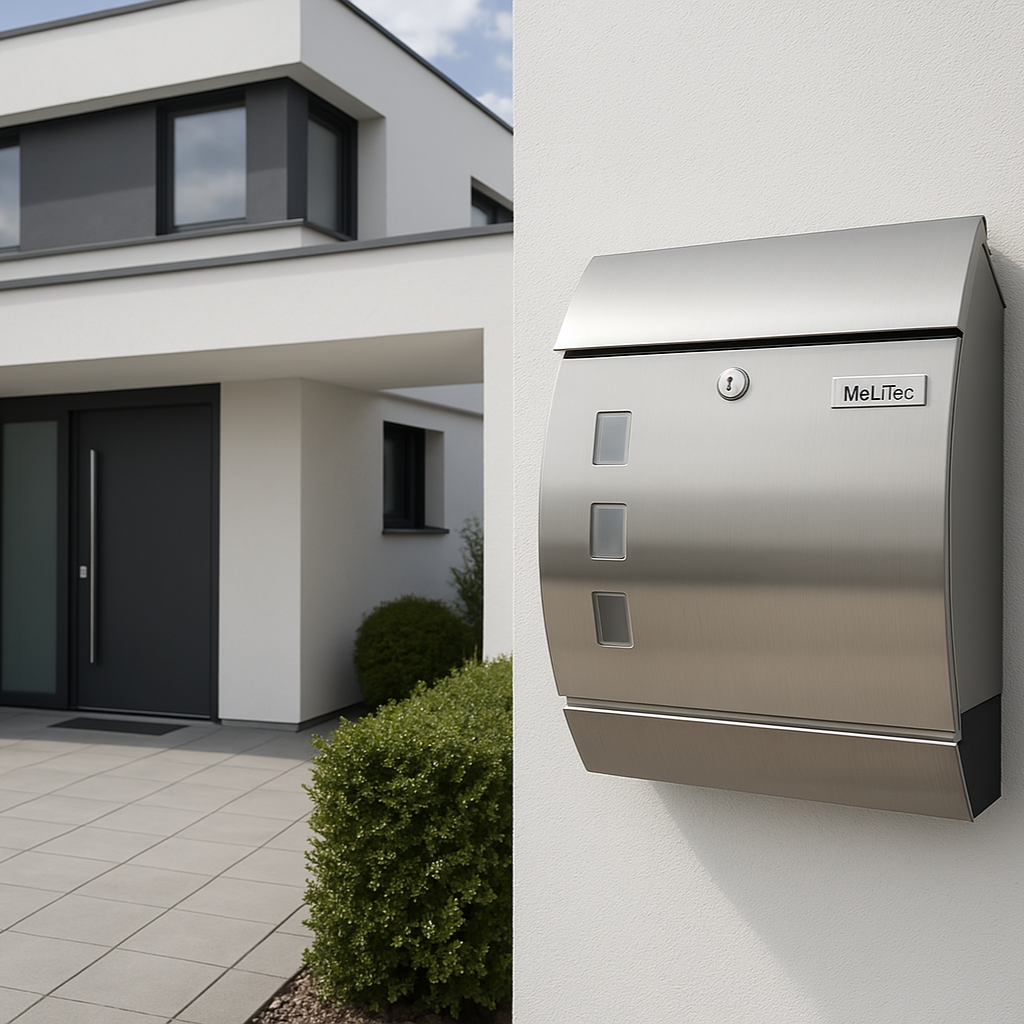 MeLiTec Edelstahl Briefkasten Modell P mit Zeitungsfach und Namensschild, matt Postfach,