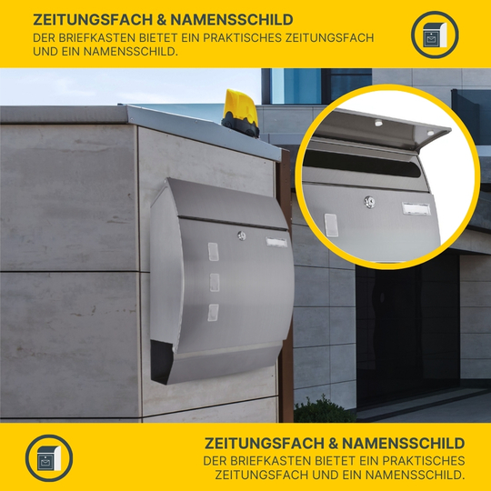 MeLiTec Edelstahl Briefkasten Modell P mit Zeitungsfach und Namensschild, matt MeLiTec Edelstahl Briefkasten Modell P mit Zeitungsfach und Namensschild, matt