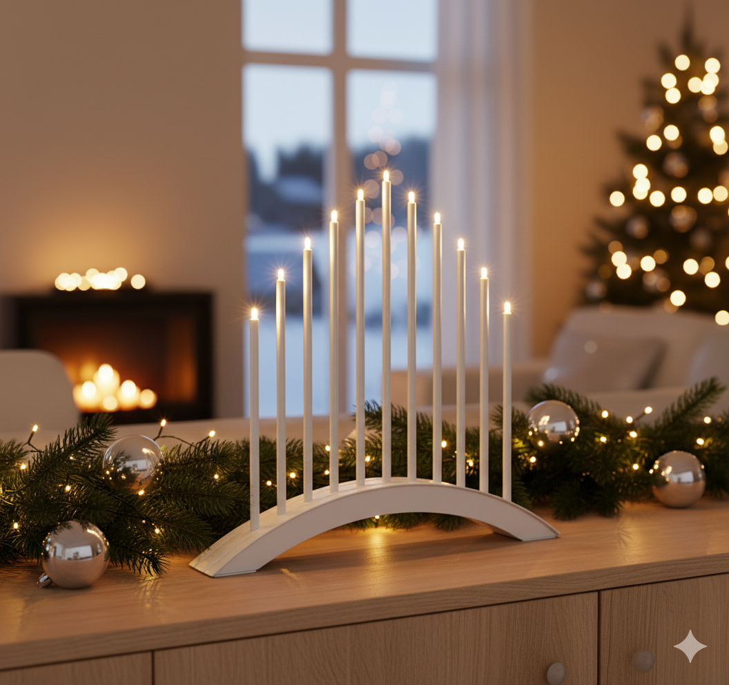 B-Ware, MeLiTec LED Weihnachtsbeleuchtung USB SL59, Brückenform, weiß Weihnachtsleuchter, Bogenform, weißer Kerzenhalter, LED-Kerzen, elf Kerzen,