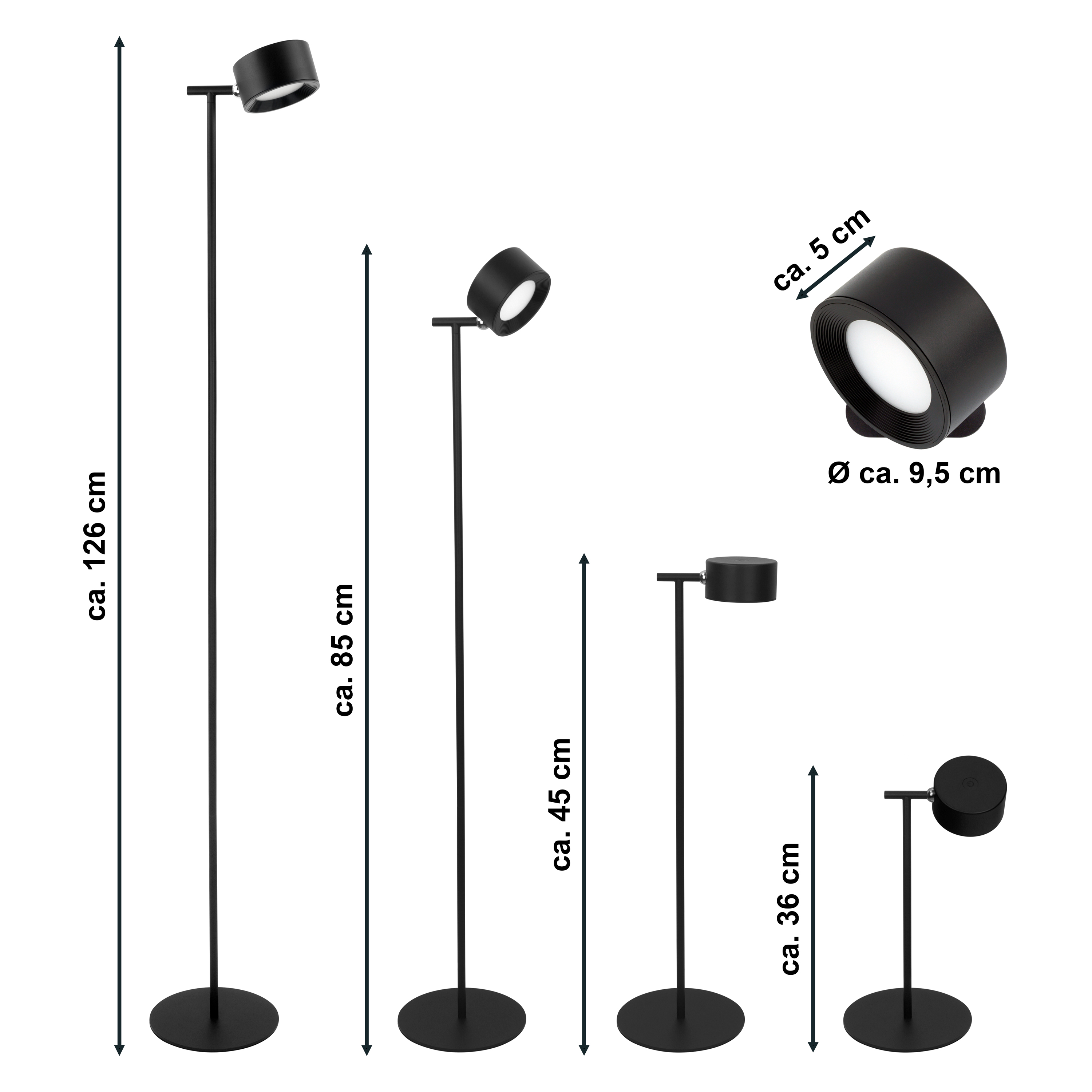 MeLiTec LED-Stehleuchte ST55 – Aufladbare Designerlampe in Schwarz, dimmbar mit Magnetkopf & Wandhalterung, warmweißes Licht 2.700K, Akkubetrieb bis 12h, USB-C"