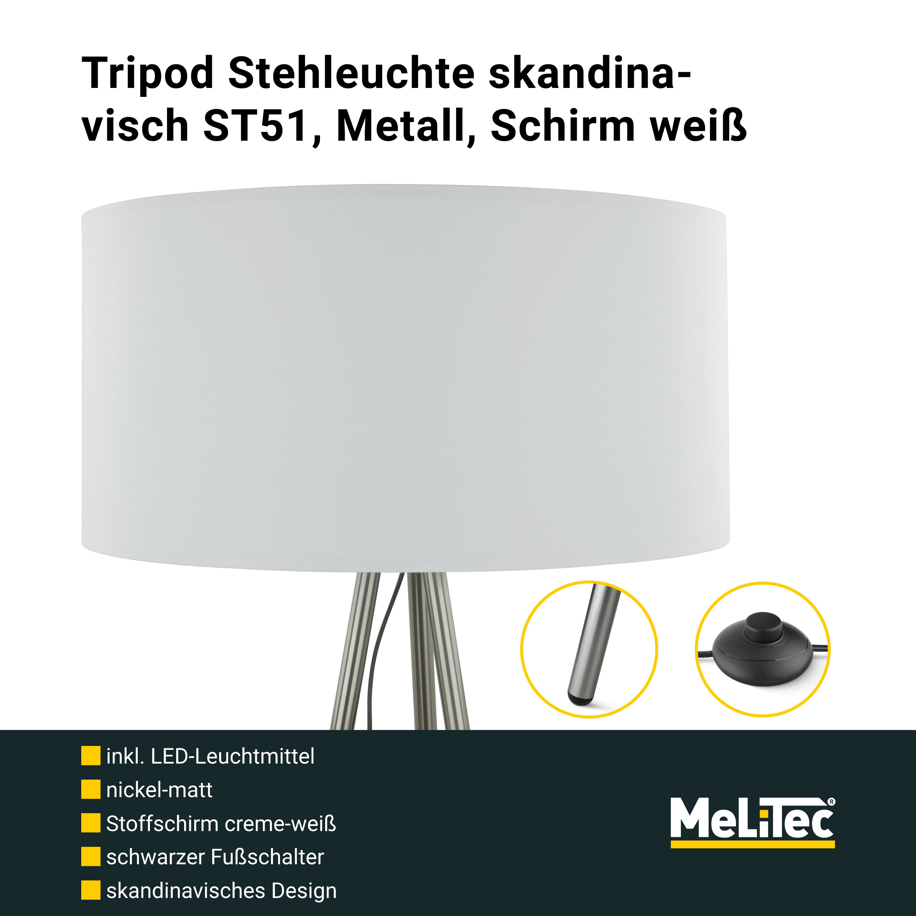 Tripod Stehleuchte skandinavisch ST51, Metall, Schirm weiß