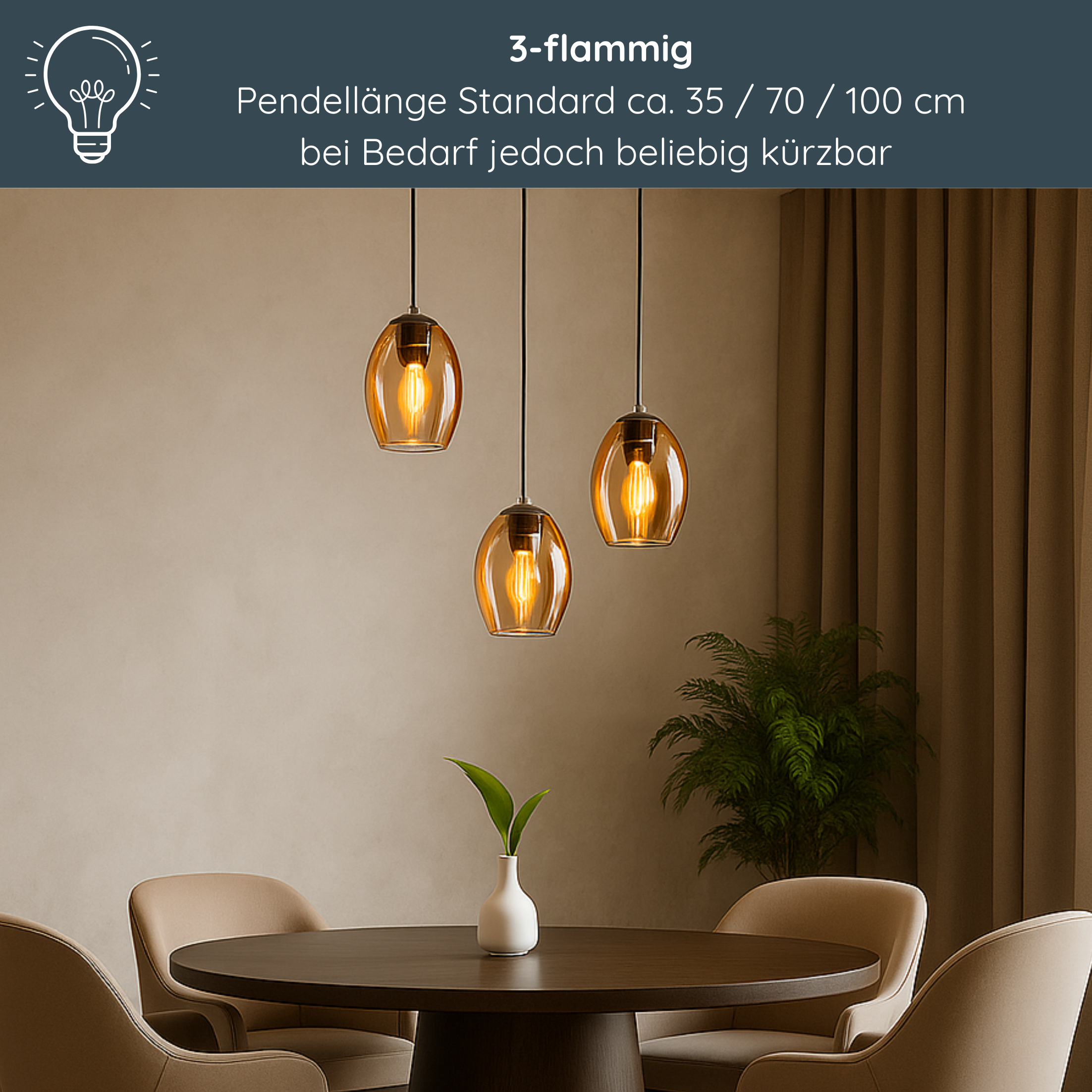 MeLiTec Pendelleuchte DP30, Hängeleuchte elegantes Amberglas, moderne Pendellampe 3-flammig, Hängelampe rund, Deckenlampe Wohnzimmer Esszimmer Küche Speisesaal, Esstisch, Tisch, Leuchte, Stuhl,