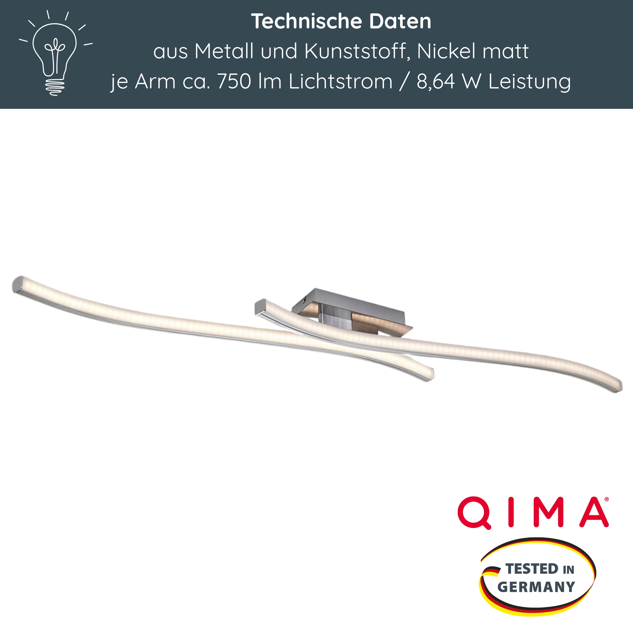 LED Deckenleuchte D124 | Sticklight-Design | 2 starre Arme | nickel-matt | warmweiß 3000K | MeLiTec LED Deckenleuchte D124 | Sticklight-Design | 2 starre Arme | nickel-matt | warmweiß 3000K | MeLiTec