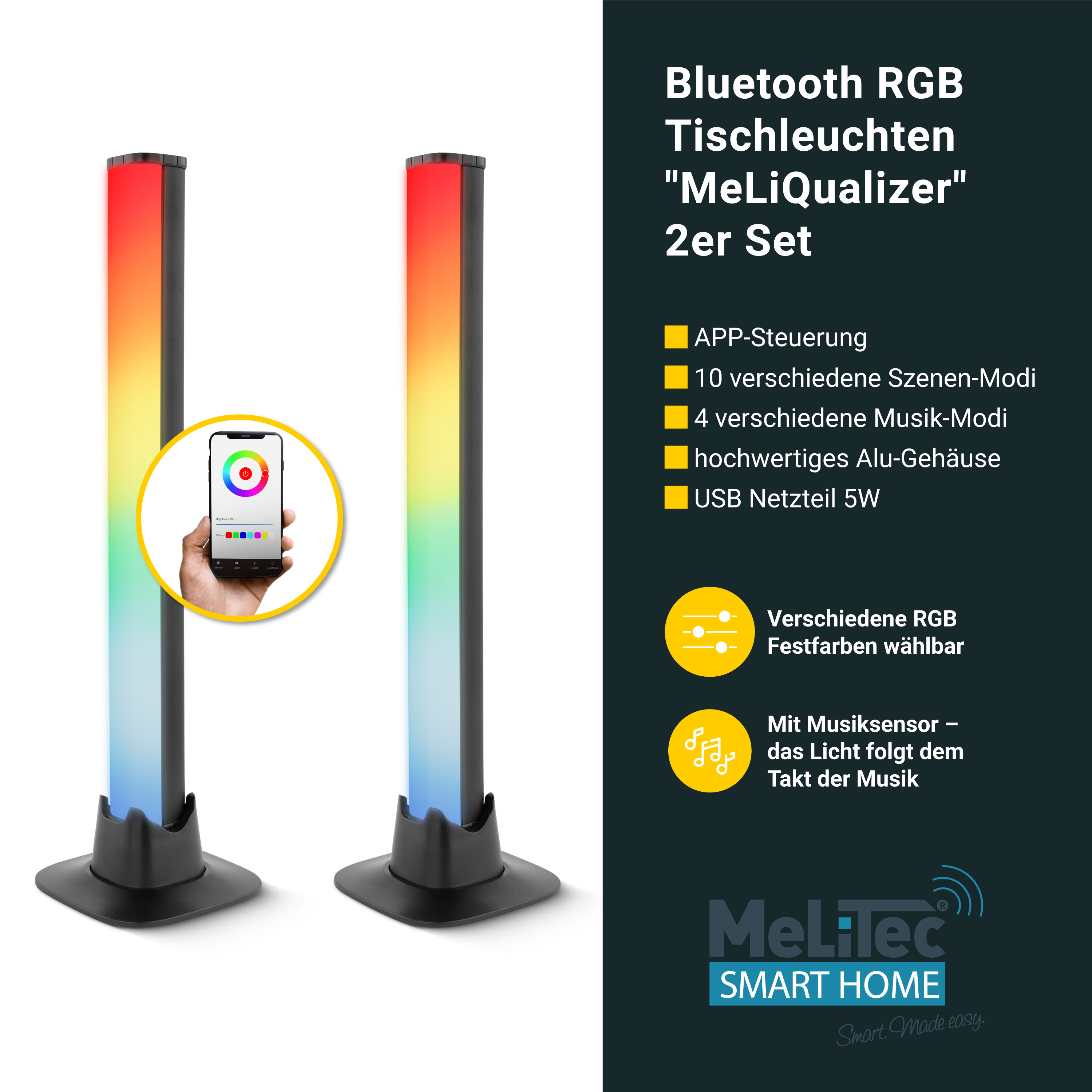MeLiTec Bluetooth RGB Tischleuchten "MeLiQualizer" 2er Set MeLiTec Bluetooth RGB Tischleuchten "MeLiQualizer" 2er Set