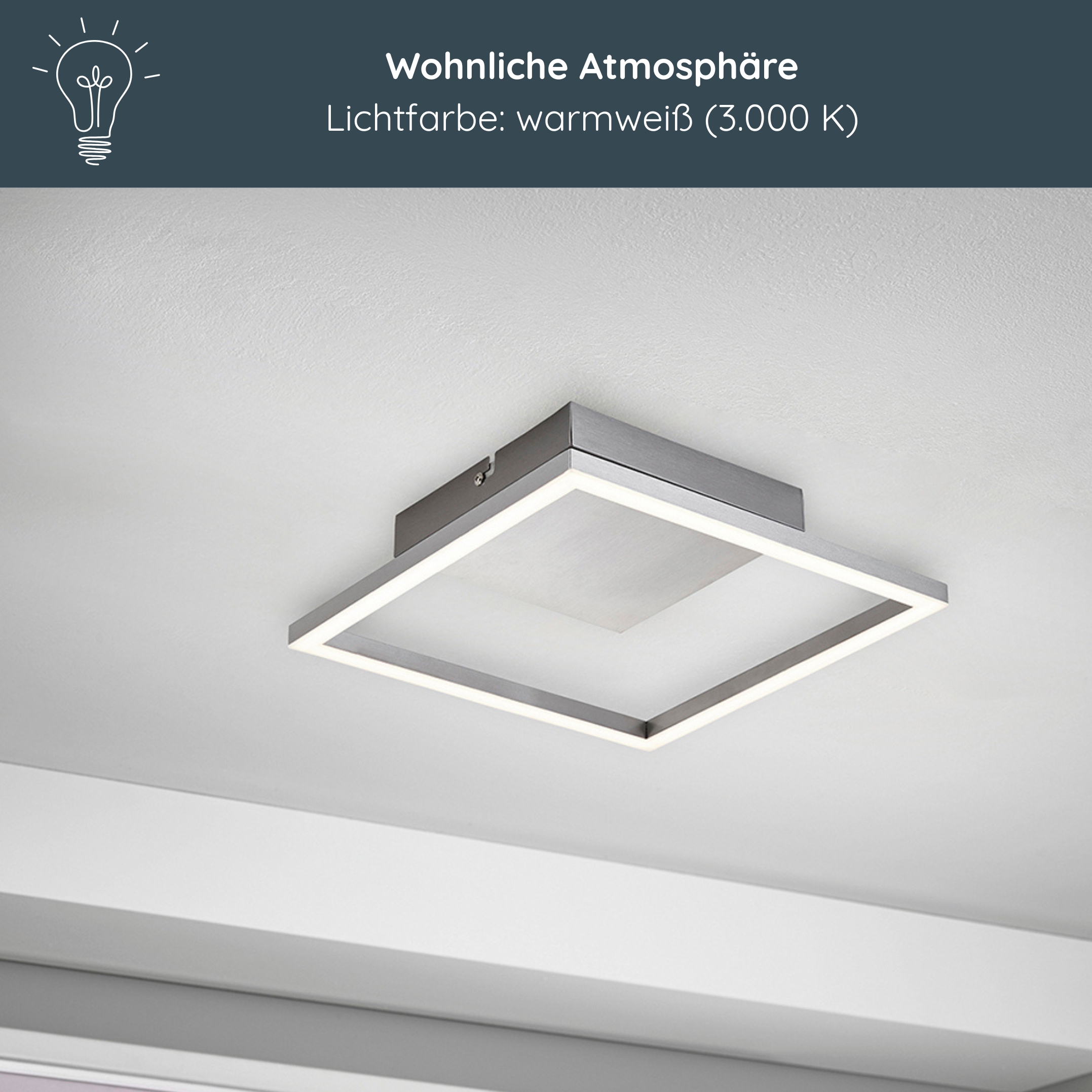 MeLiTec LED Deckenleuchte D125, chrom, aus Metall und Glas, nickel Matt, moderne Deckenlampe eckig, quadratische Lampe für Flur Küche Esszimmer Wohnzimmer Deckenleuchte,