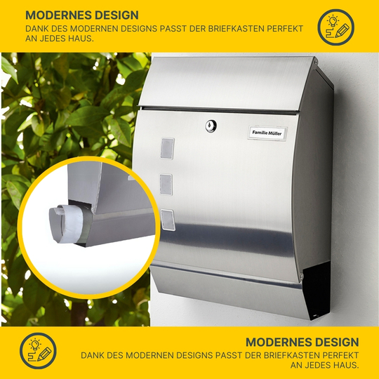 MeLiTec Edelstahl Briefkasten Modell P mit Zeitungsfach und Namensschild, matt MeLiTec Edelstahl Briefkasten Modell P mit Zeitungsfach und Namensschild, matt