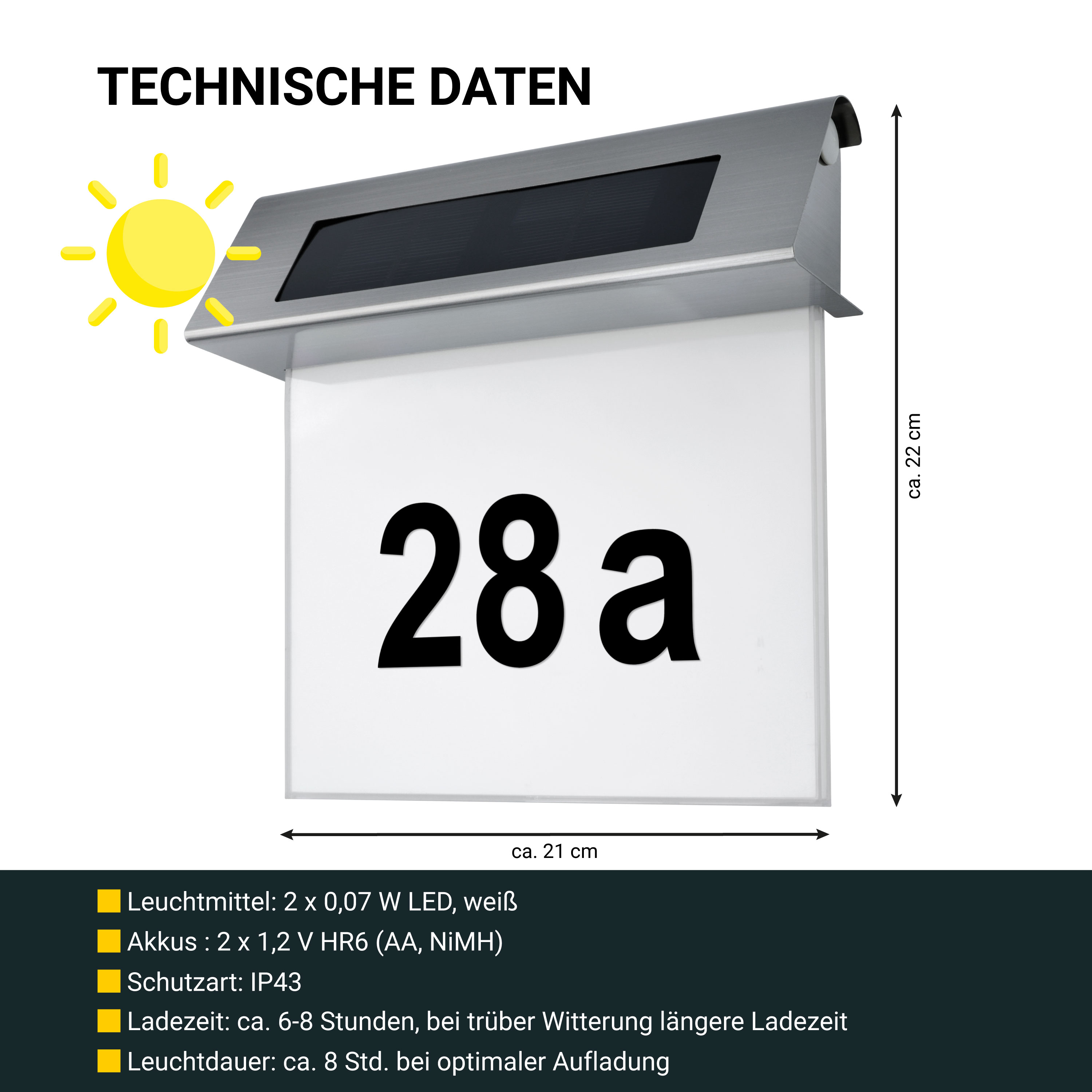 MeLiTec LED Solar Hausnummer SH01 Dämmerungssensor Elektronik, Bildschirm, Postfach,
