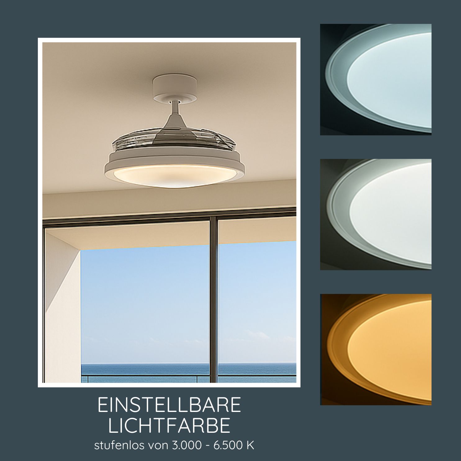  MeLiTec Deckenleuchte mit Ventilator, RGB Laufband, weiß, stufenlos dimmbar, automatisch ausklappbarer Ventilator, DV07