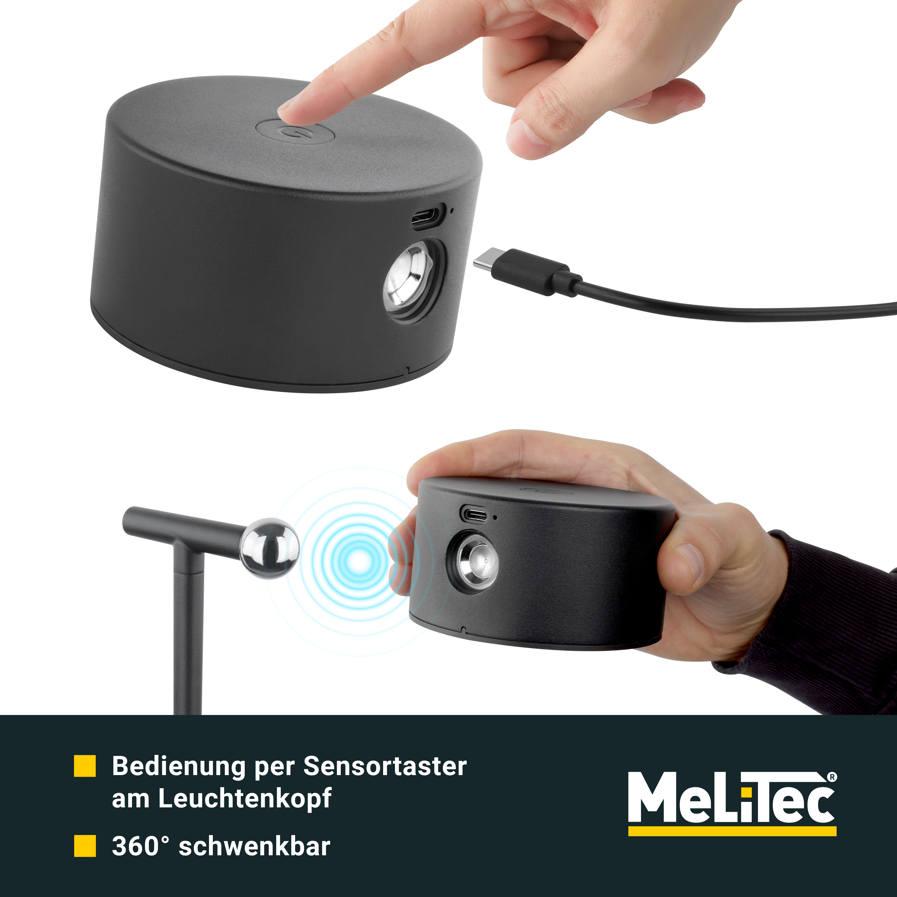 MeLiTec LED-Stehleuchte ST55 – Aufladbare Designerlampe in Schwarz, dimmbar mit Magnetkopf & Wandhalterung, warmweißes Licht 2.700K, Akkubetrieb bis 12h, USB-C"