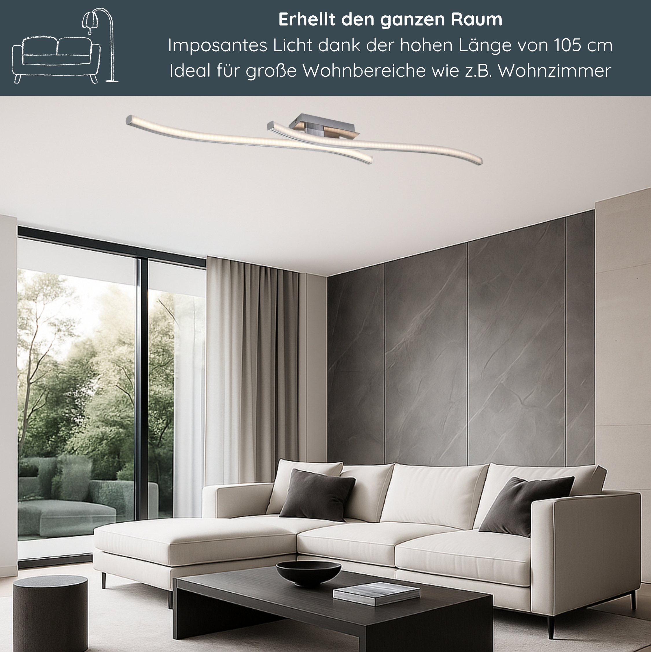 MeLiTec Minimalistische LED Deckenleuchte D124 mit Sticklight-Design, Nickel-matt, 105 cm Wohnzimmer, Innenarchitektur, Kaffeetisch, Tabelle, Couch, Wohnzimmer, Innenarchitektur, Kaffeetisch, Tabelle, Couch,