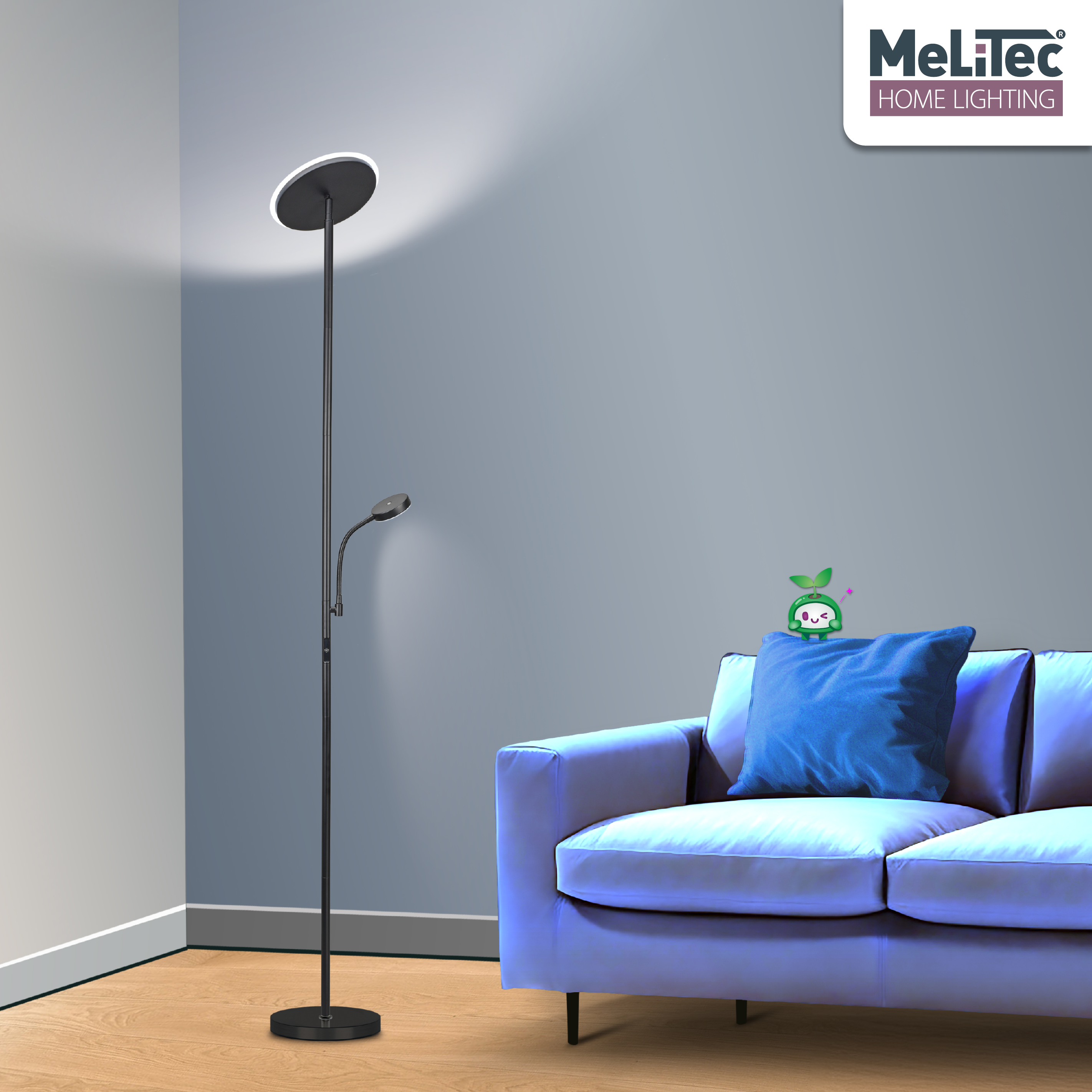 Deckenfluter mit Leseleuchte, schwarz, rund, ST58-1, MeLiTec Lampe, Couch, Mobiliar, Stehlampe,