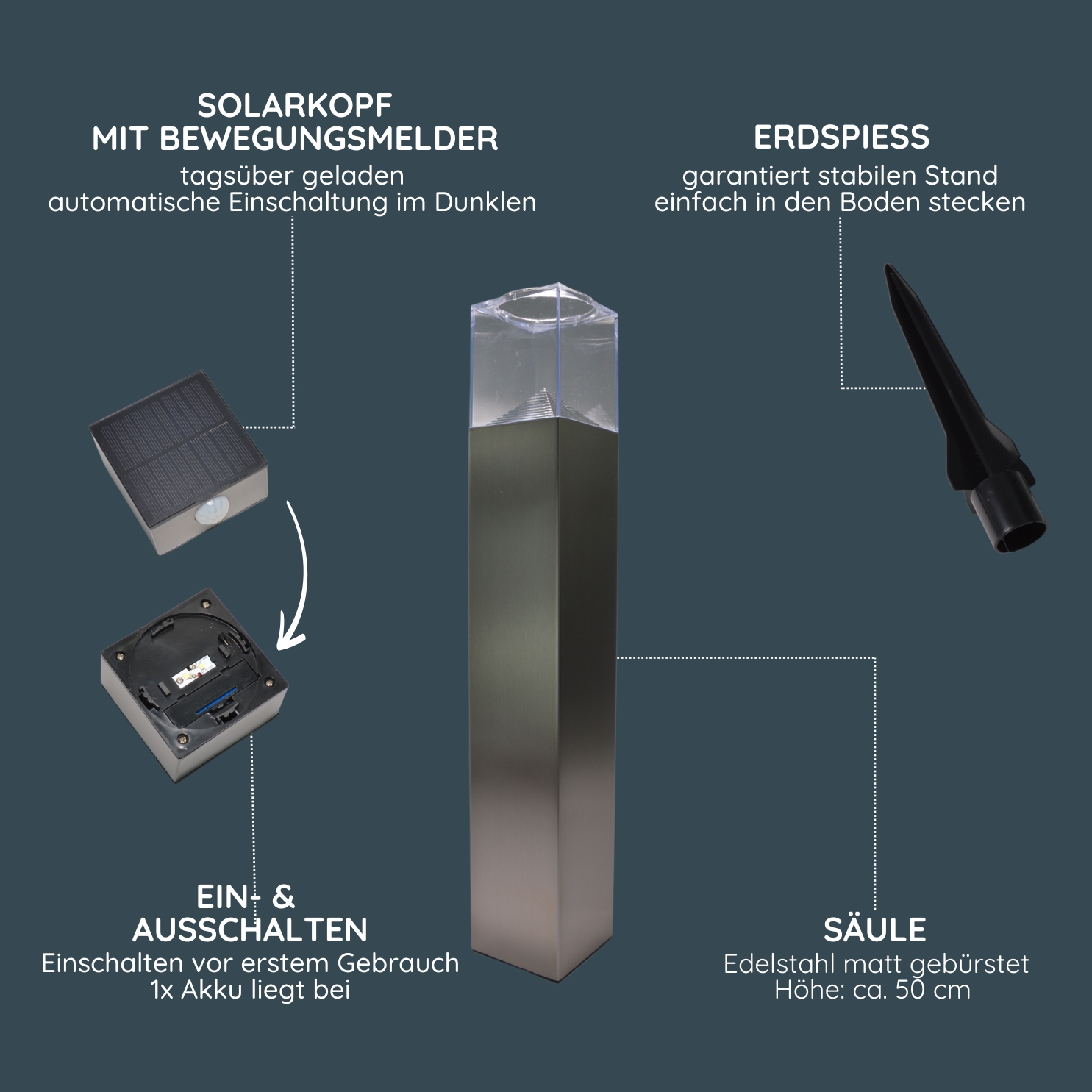 MeLiTec Solar Gartenleuchte SO32 eckig mit Bewegungsmelder, Edelstahl matt gebürstet MeLiTec Solar Gartenleuchte SO32 eckig mit Bewegungsmelder, Edelstahl matt gebürstet