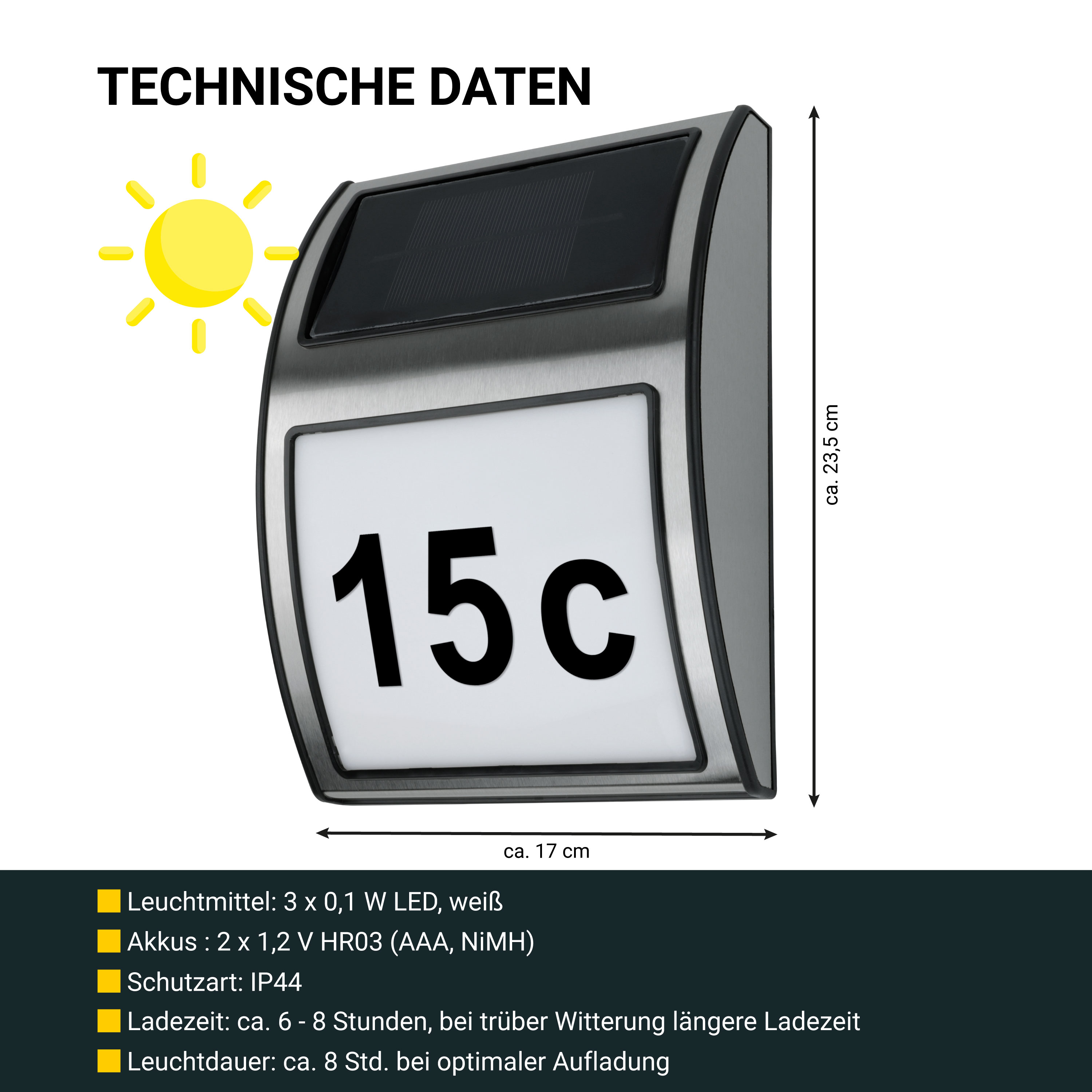 MeLiTec Solar LED Hausnummer SH08, Edelstahl