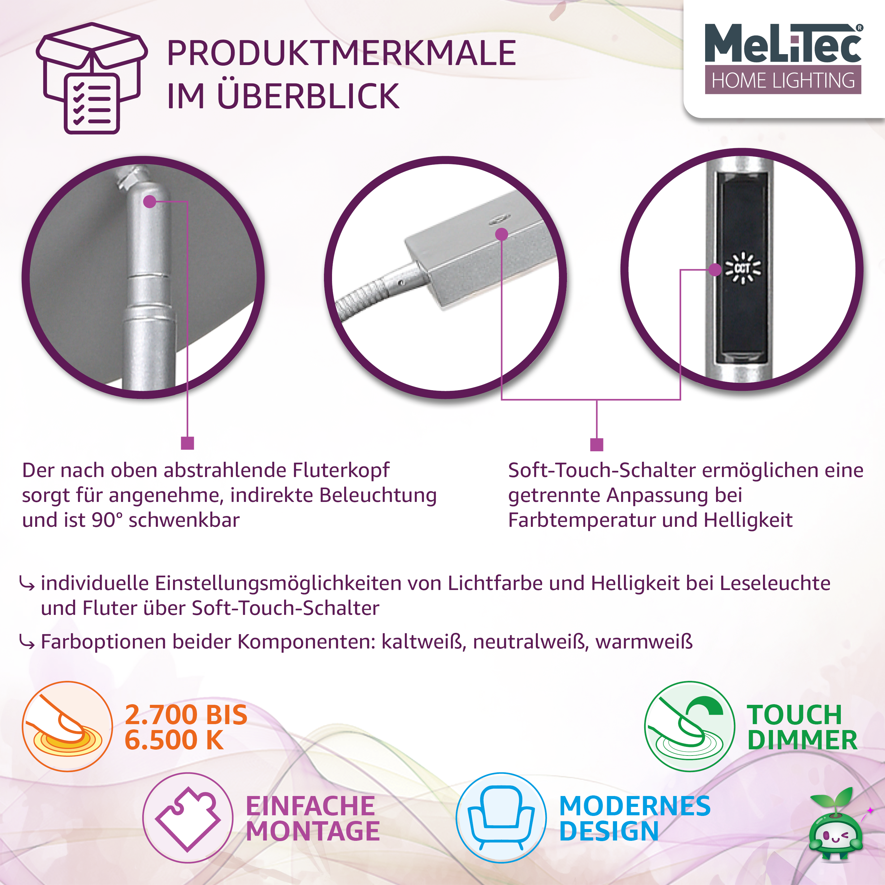 Deckenfluter mit Leseleuchte, Titan, Eckig, ST59, MeLiTec Deckenfluter mit Leseleuchte, Titan, Eckig, ST59, MeLiTec