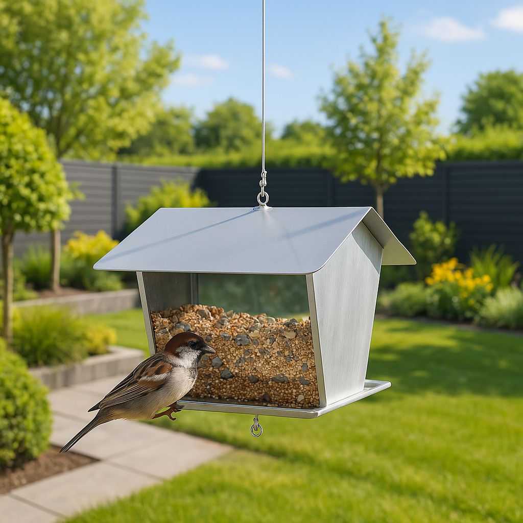 MeLiTec Edelstahl Vogelfutterhaus VH08 Vogelhaus hängend eckig Tier, Vogel,