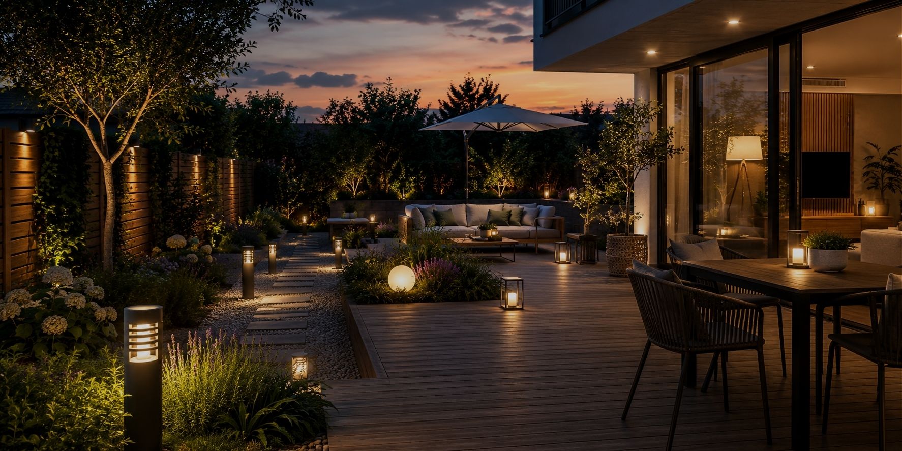 Beleuchtete Gartenterrasse in der Abenddämmerung mit MeLiTec Solarleuchten, Wegeleuchten und Laternen für stimmungsvolles Licht im Außenbereich