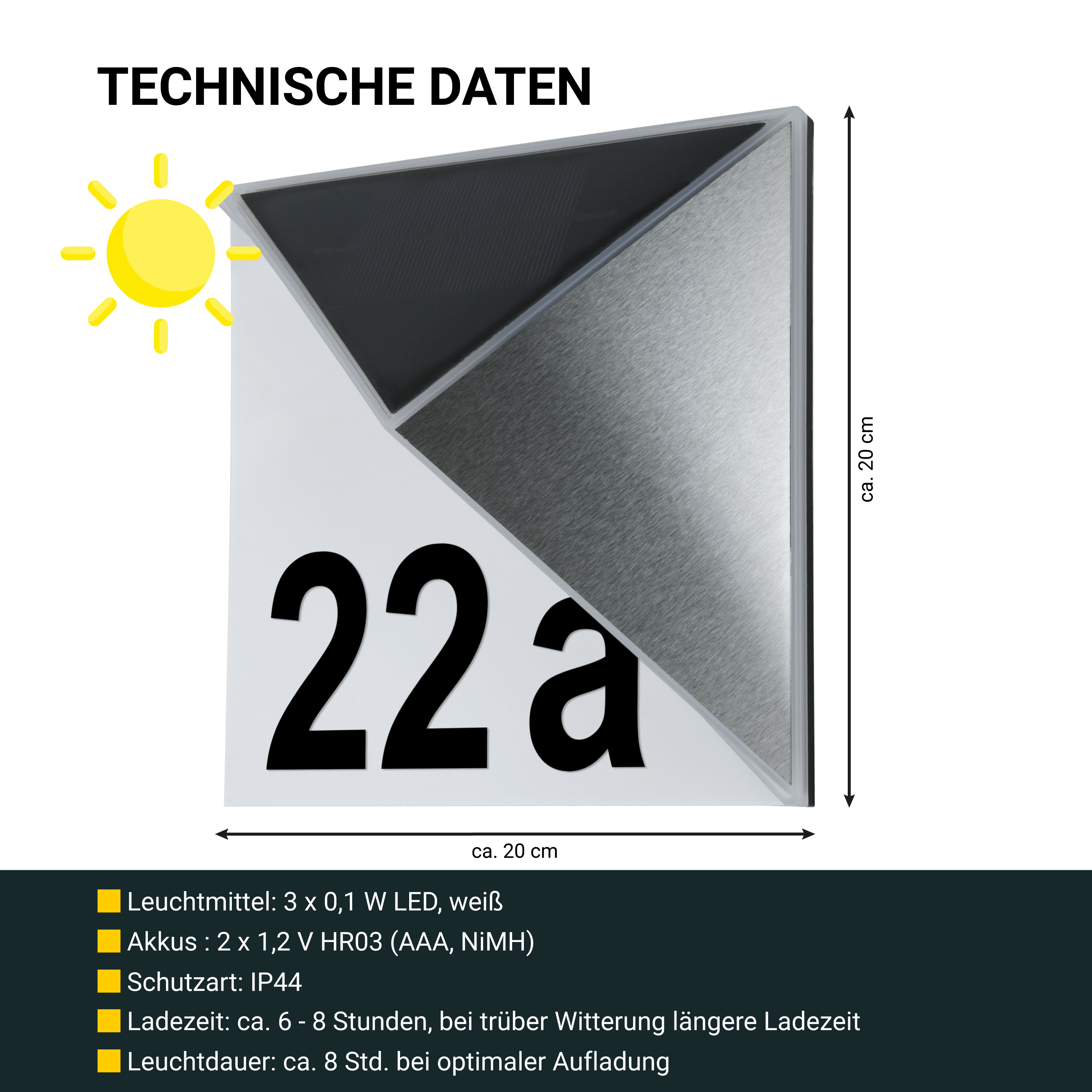 MeLiTec Solar LED Hausnummer SH07, Edelstahl