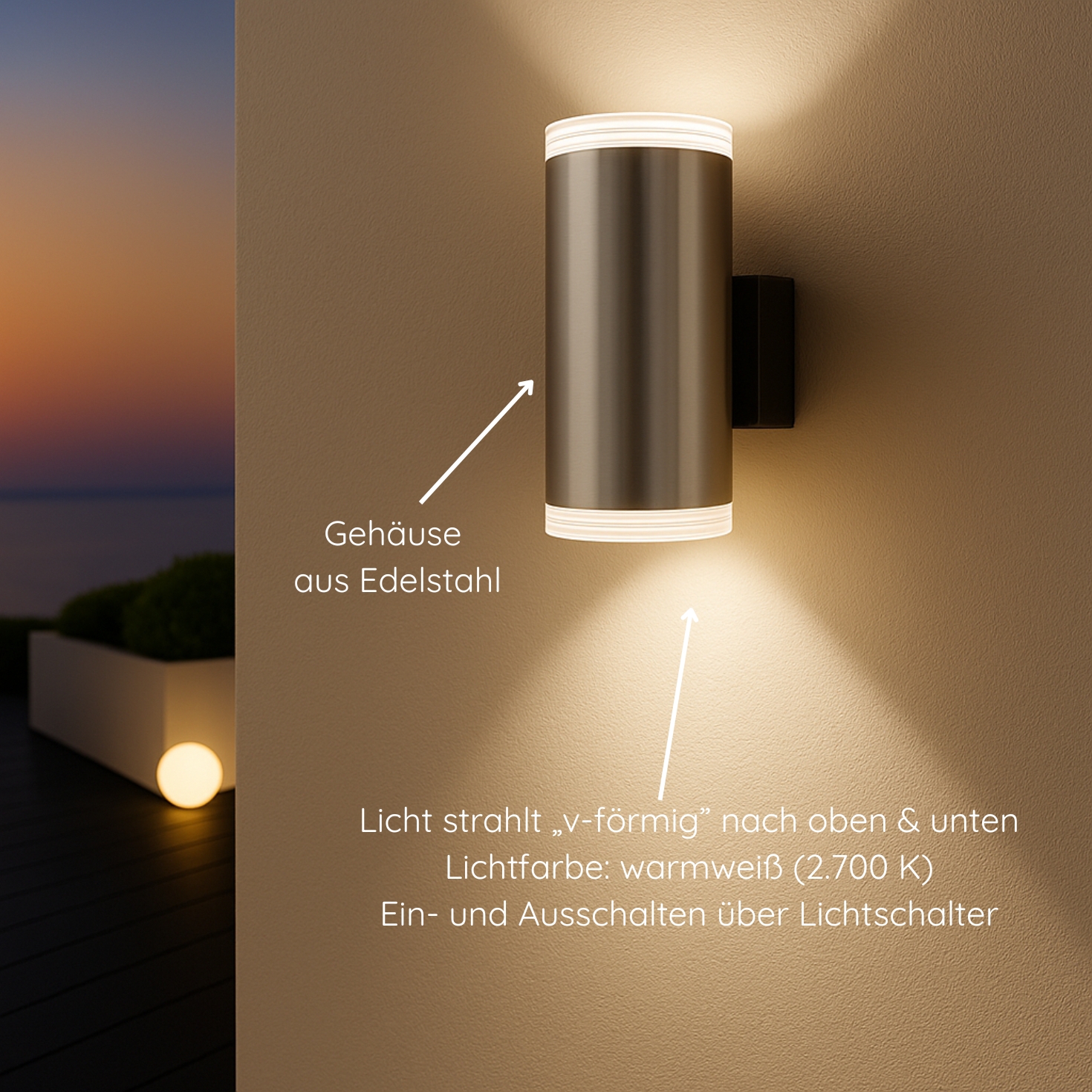 MeLiTec LED-Wandleuchte, Up- and Down-Light rund, matt gebürstet, aus Edelstahl, Up and Down Leuchte für innen und außen, IP44, 145 Beleuchtung, Lampe, Beleuchtung, Lampe,
