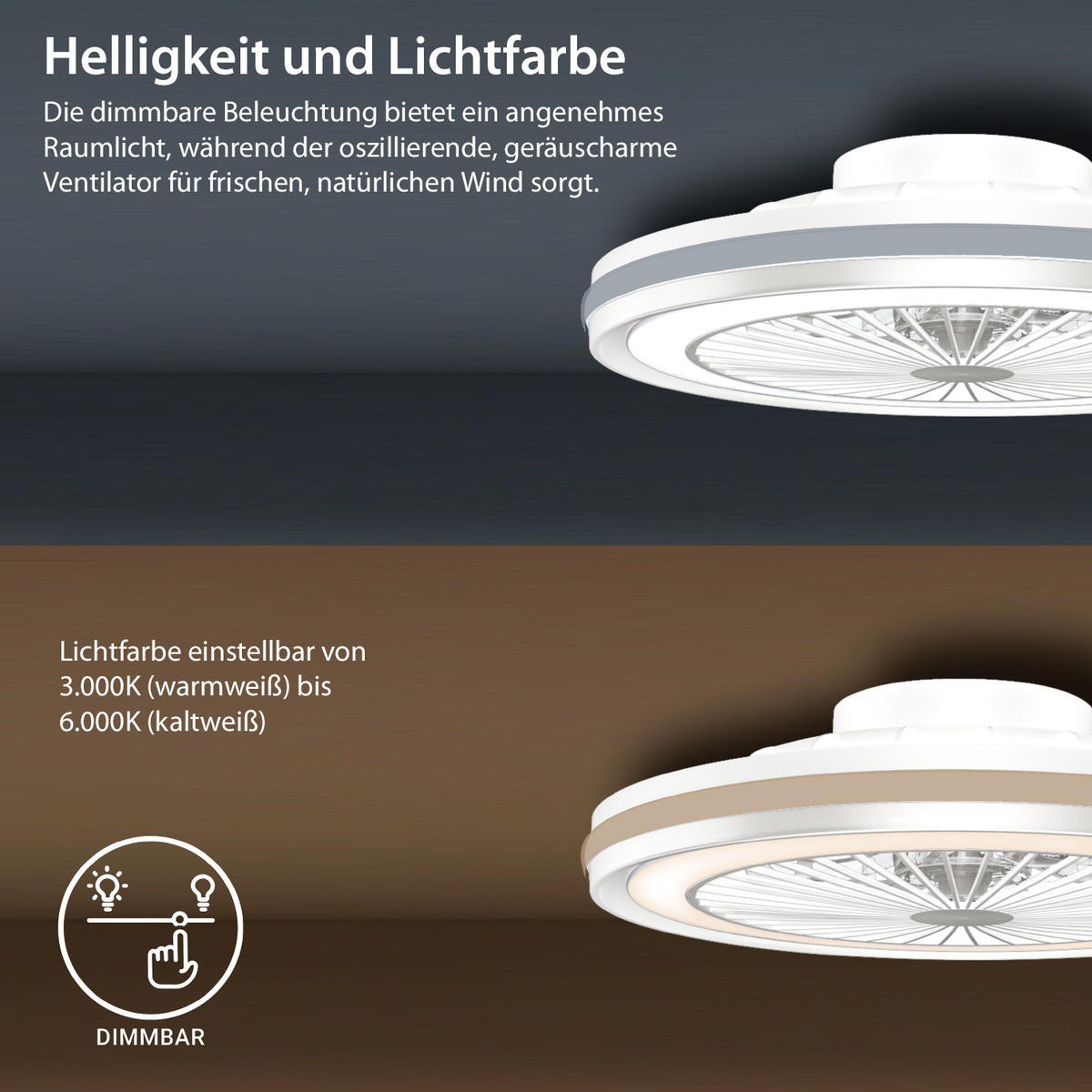 MeLiTec Deckenleuchte mit Ventilator, Deckenlampe mit Ventilator, dimmbar, RGB-Lauflicht, natürlicher Wind, Timer und Nachtlicht, Fernbedienung, weiß, DV06-1