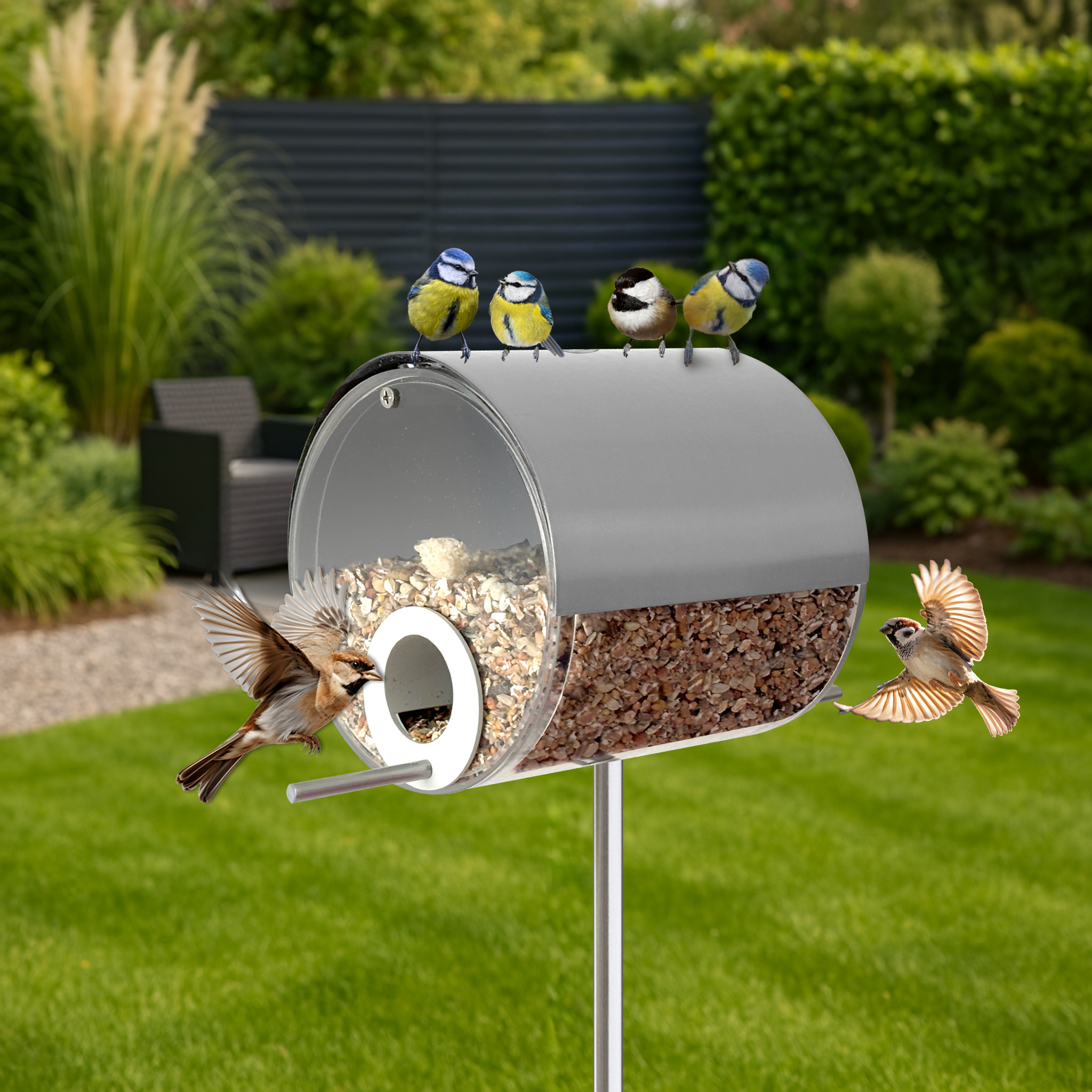 MeLiTec Vogelfutterstation mit Ständer, Vogelhaus VH10, Futterstation Edelstahl matt gebürstet, stehend, 150 cm Höhe, rund Ø14 cm, silber-matt