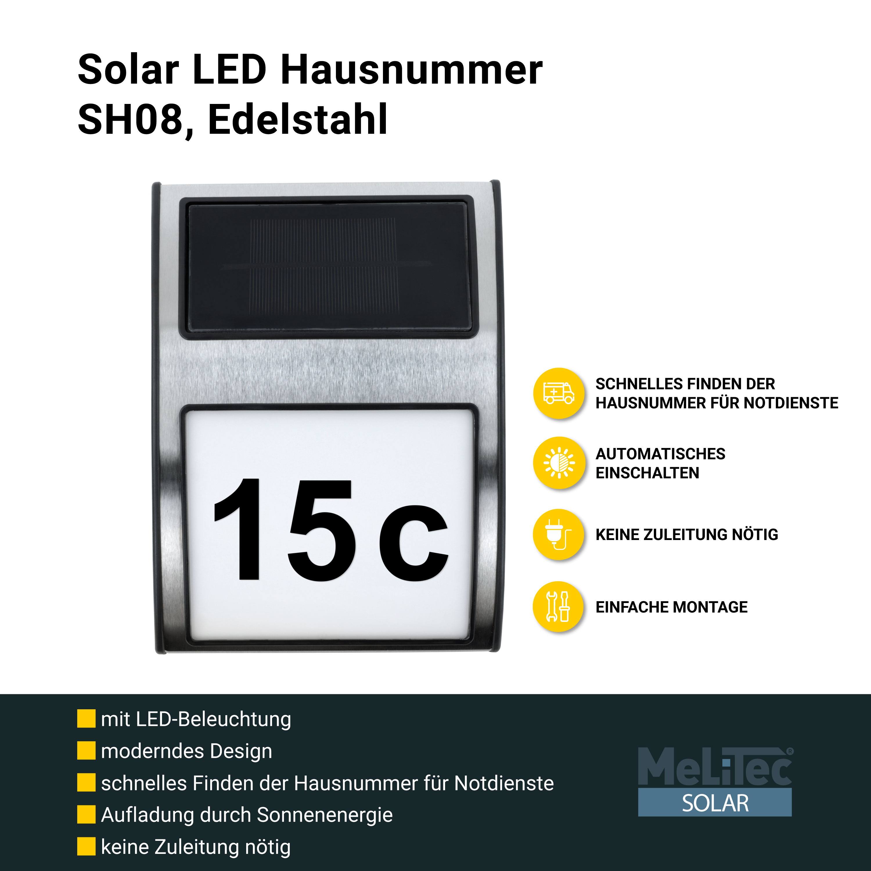 MeLiTec Solar LED Hausnummer SH08, Edelstahl